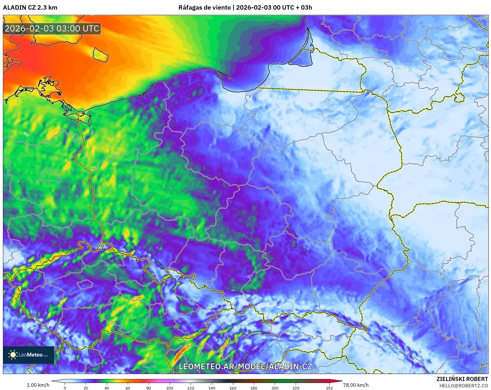 ALADIN CZ 2.3 km model - Polonia, Ráfagas de viento