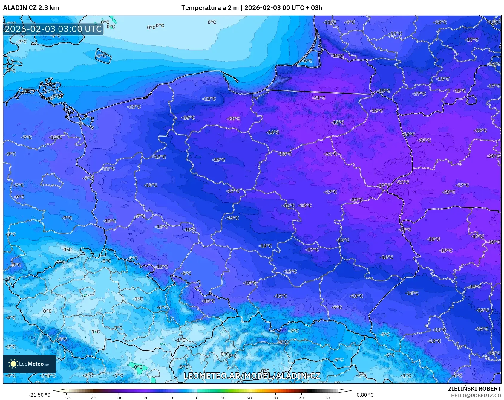 ALADIN CZ 2.3 km model - Polonia, Temperatura a 2 m