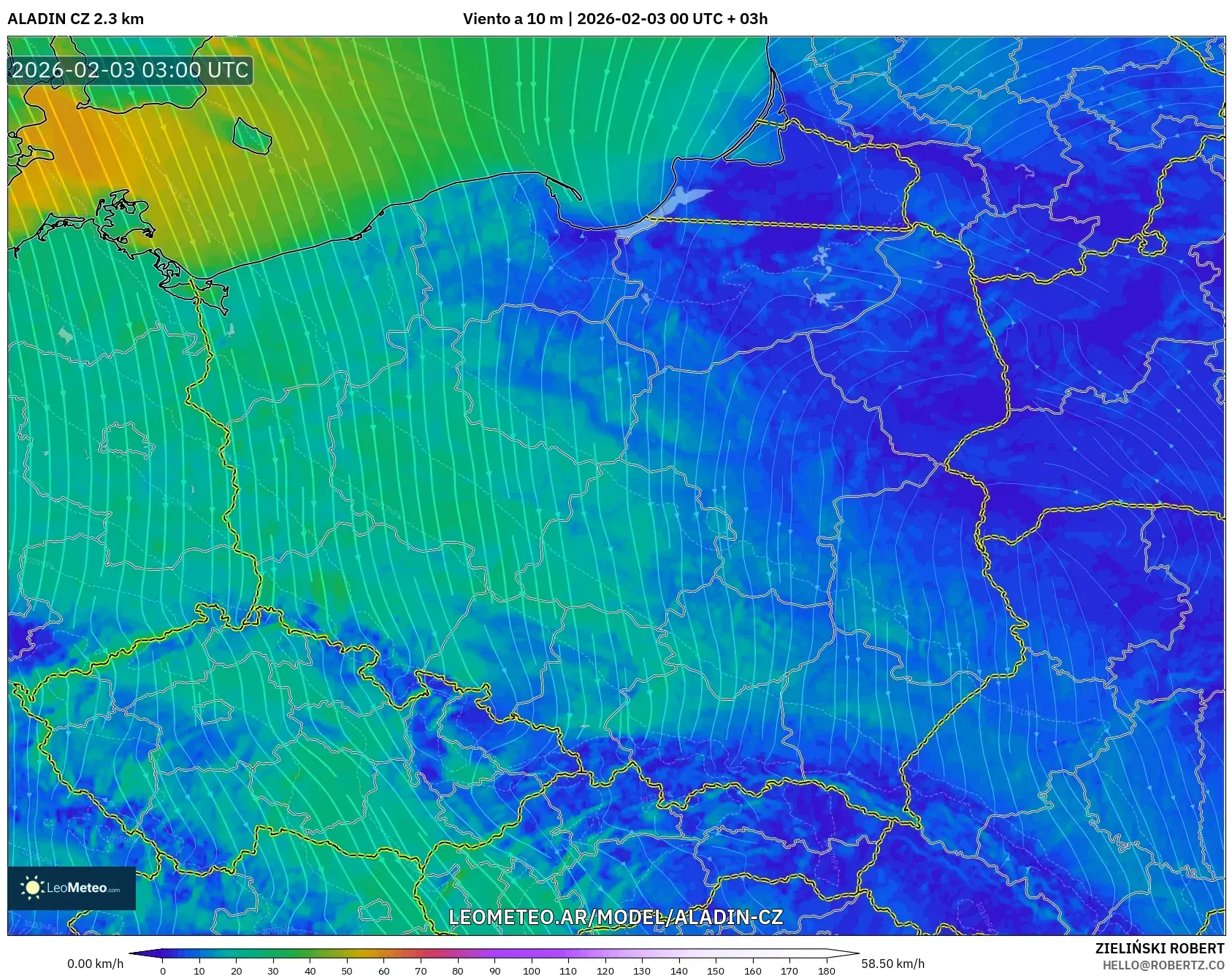 ALADIN CZ 2.3 km model - Polonia, Viento a 10 m