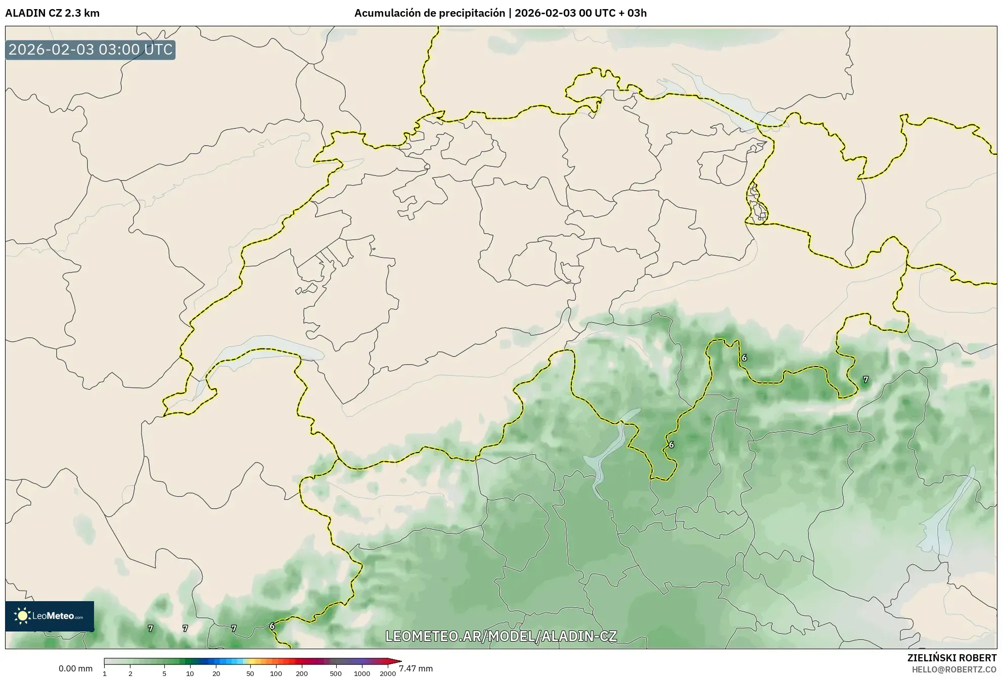 ALADIN CZ 2.3 km model - Suiza, Acumulación de precipitación