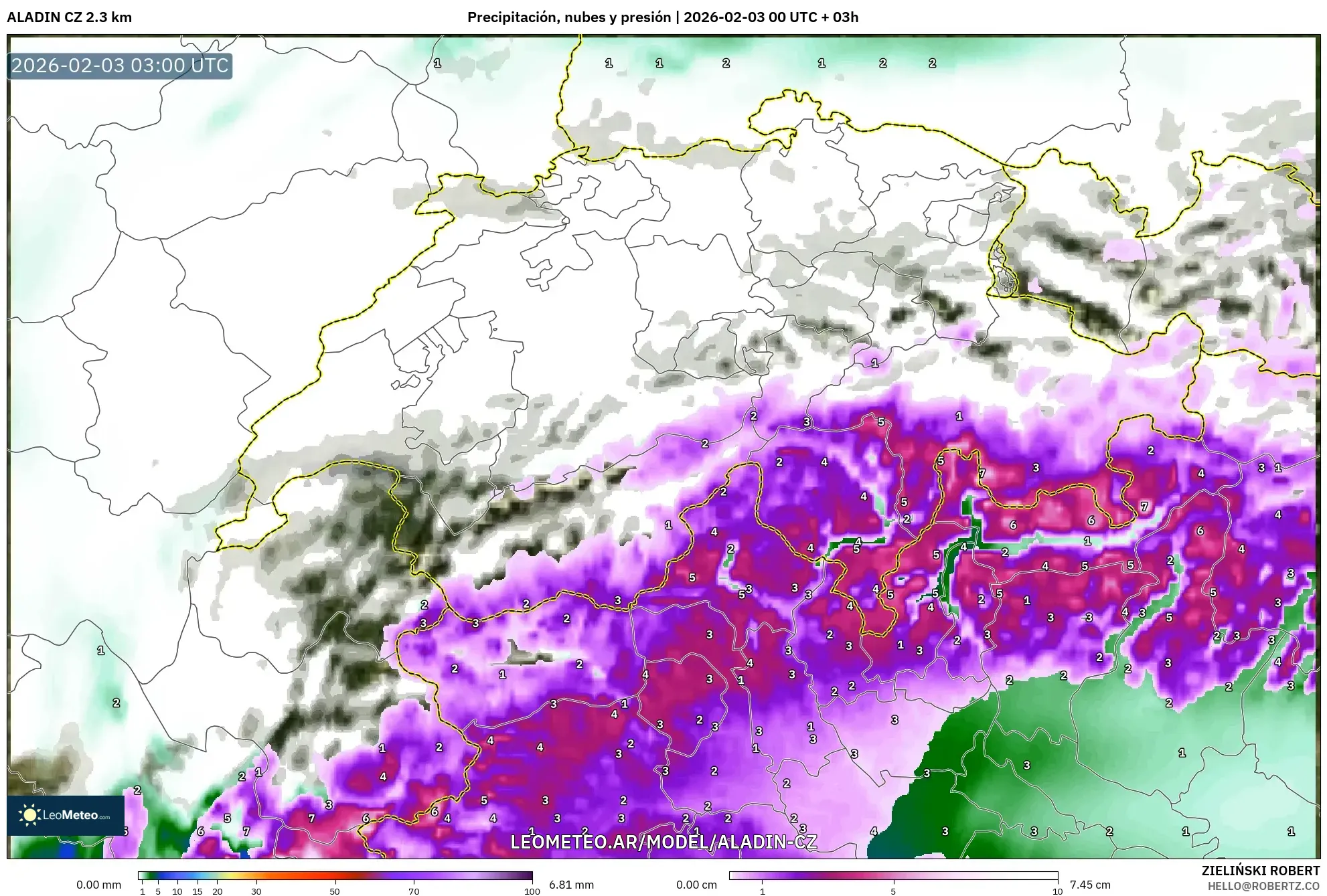 ALADIN CZ 2.3 km model - Suiza, Precipitación, nubes y presión