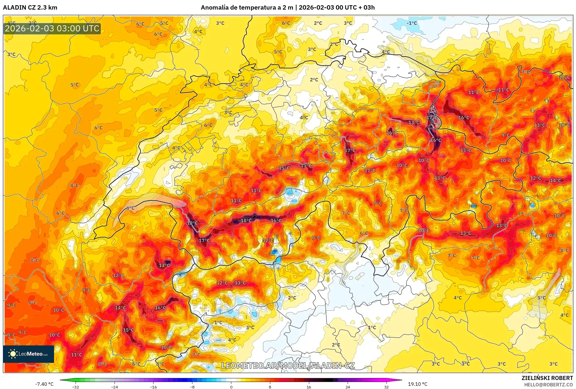 ALADIN CZ 2.3 km model - Suiza, Anomalía de temperatura a 2 m