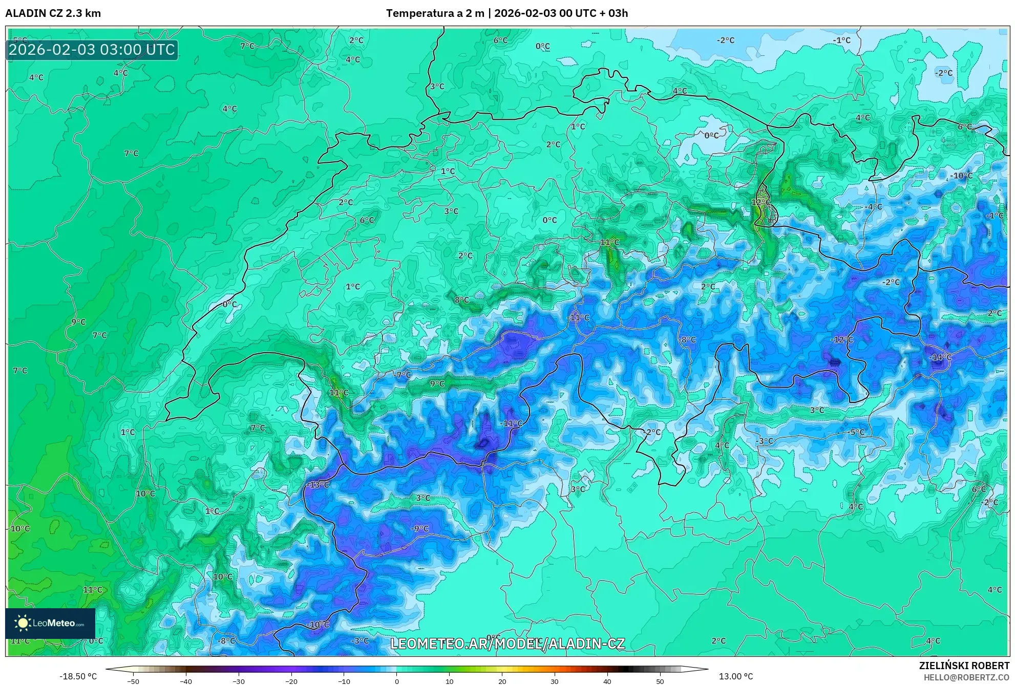 ALADIN CZ 2.3 km model - Suiza, Temperatura a 2 m