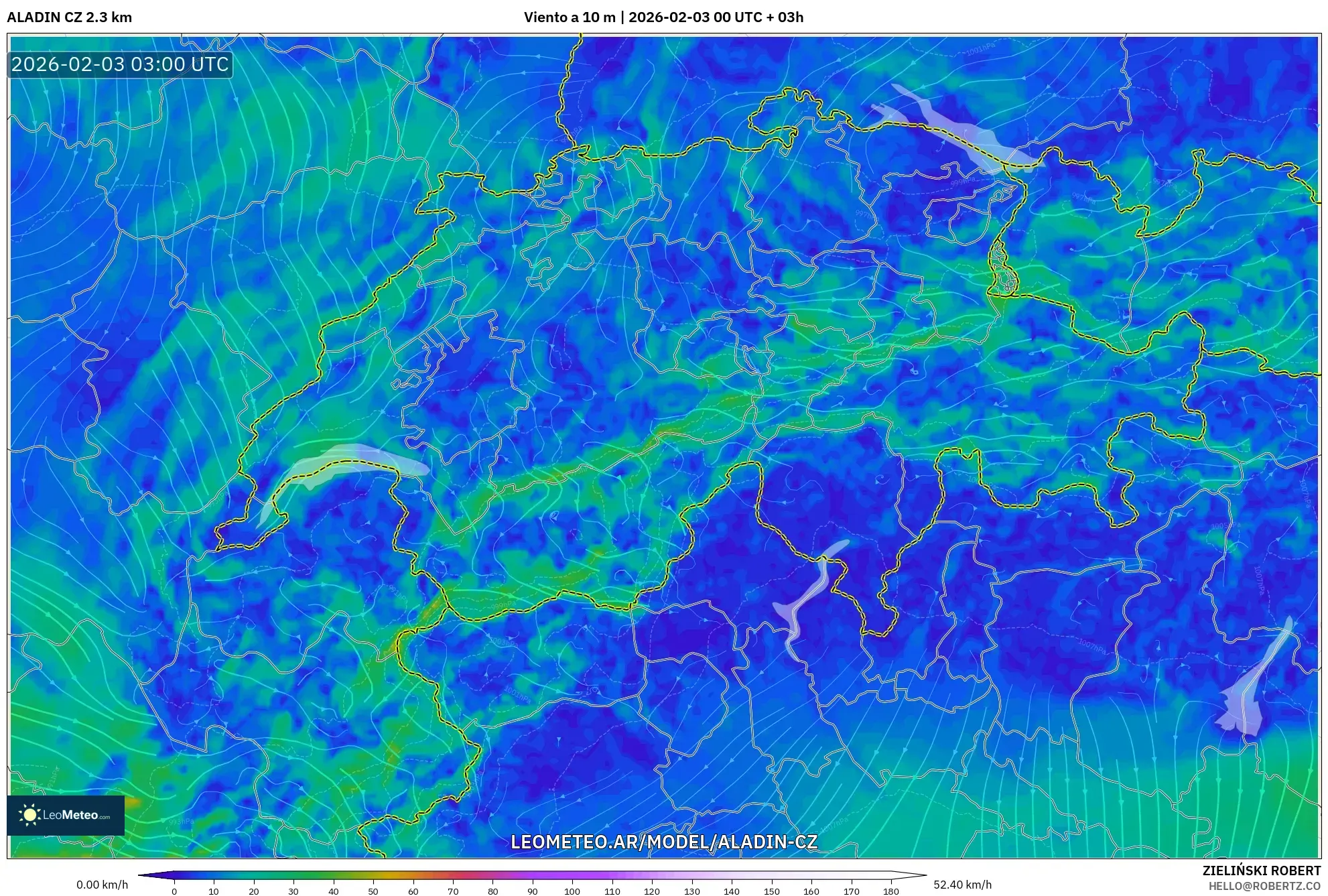 ALADIN CZ 2.3 km model - Suiza, Viento a 10 m