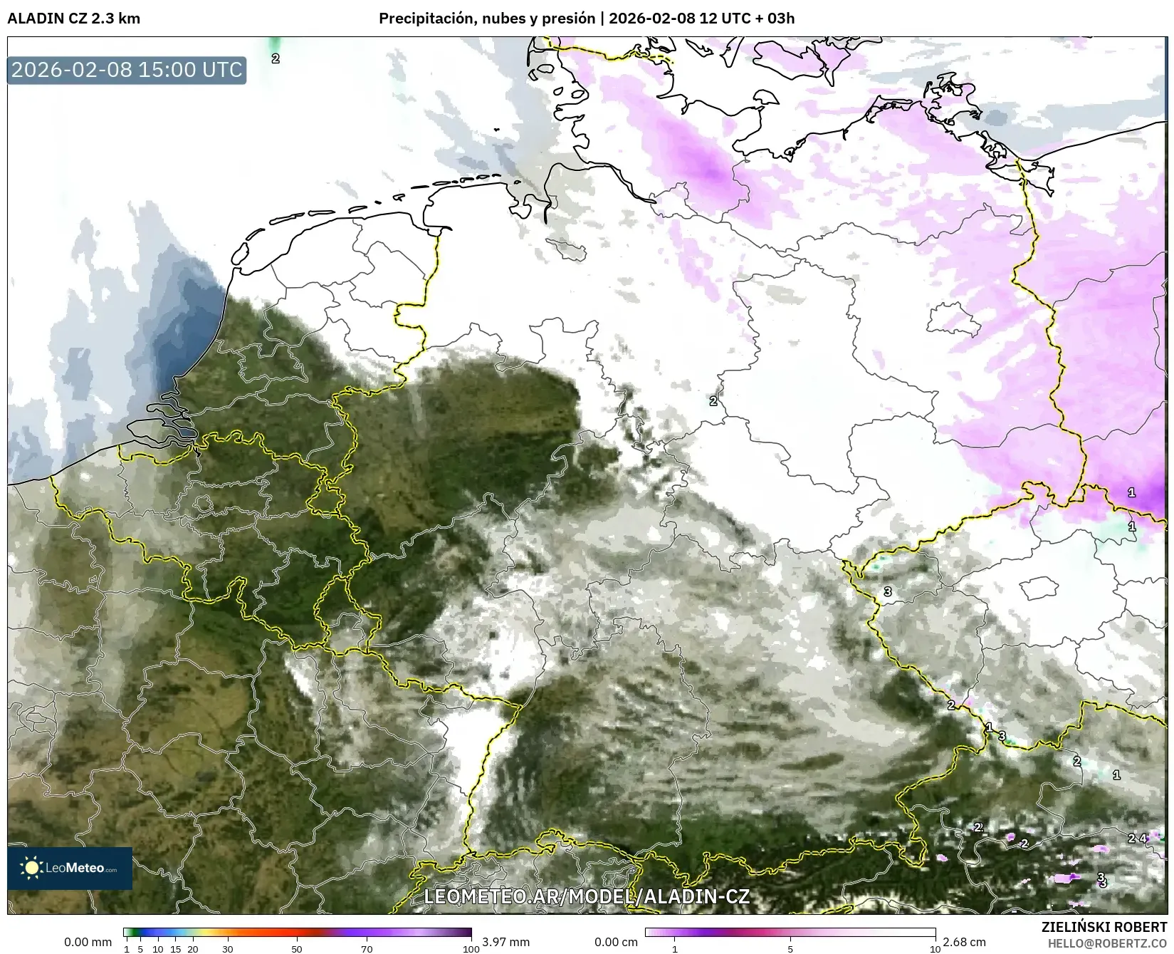 ALADIN CZ 2.3 km model - Alemania, Precipitación, nubes y presión