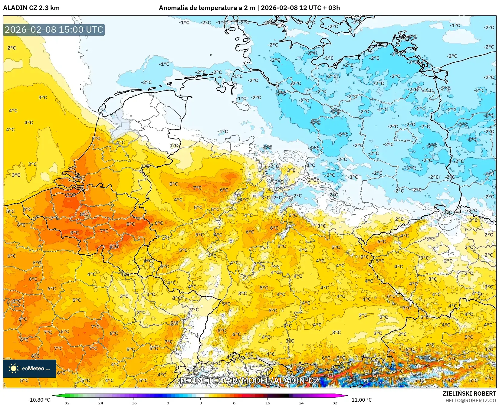 ALADIN CZ 2.3 km model - Alemania, Anomalía de temperatura a 2 m