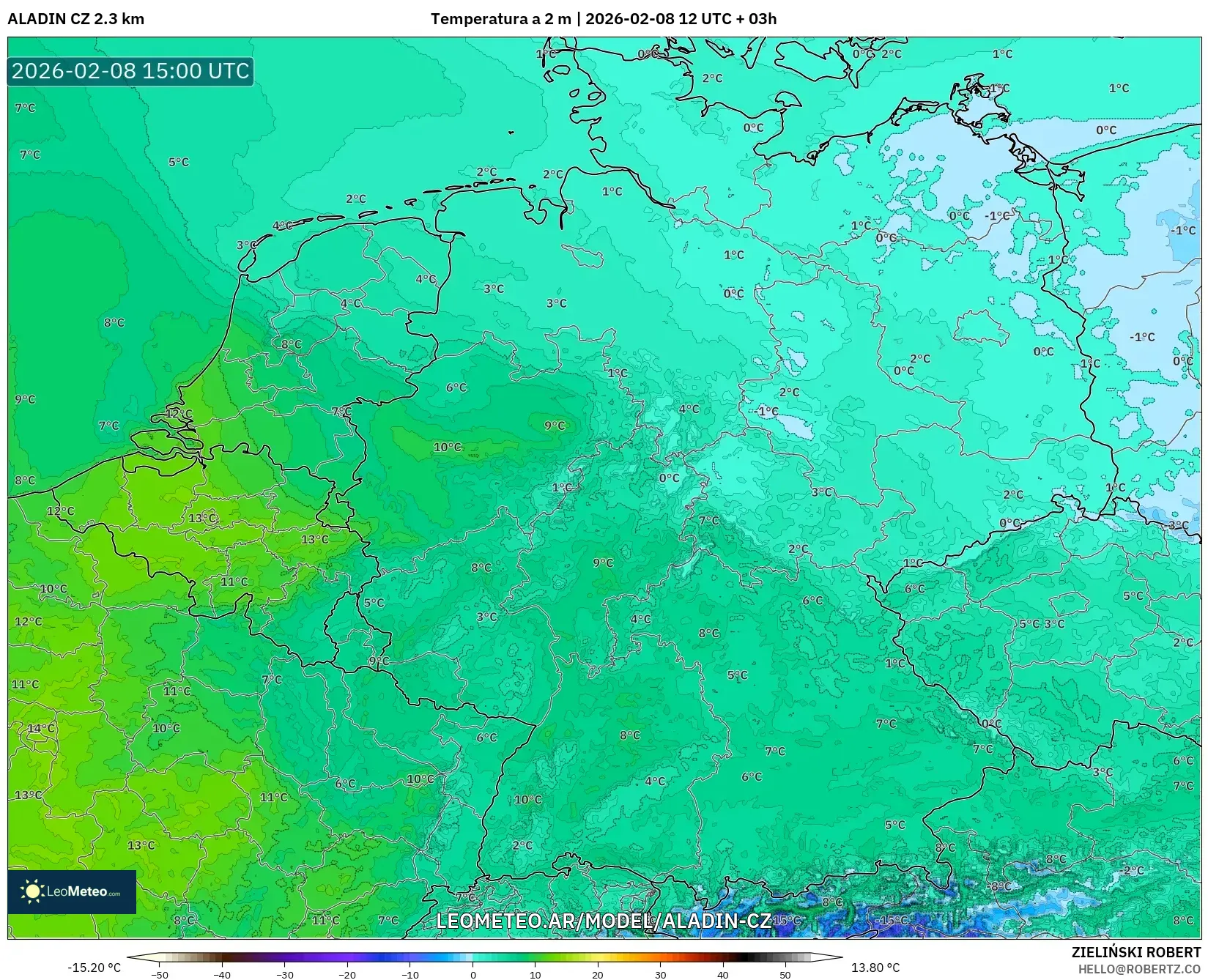 ALADIN CZ 2.3 km model - Alemania, Temperatura a 2 m