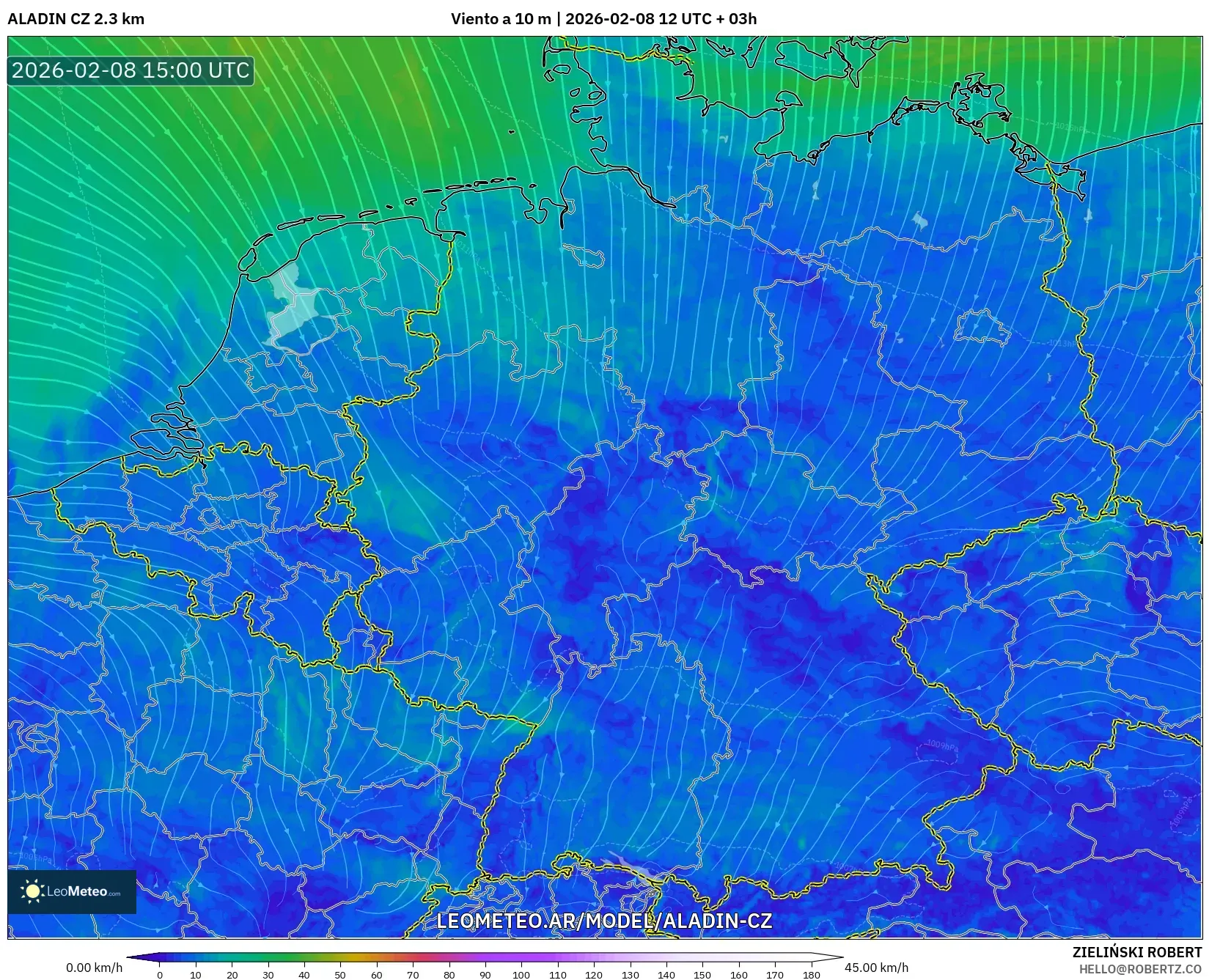 ALADIN CZ 2.3 km model - Alemania, Viento a 10 m