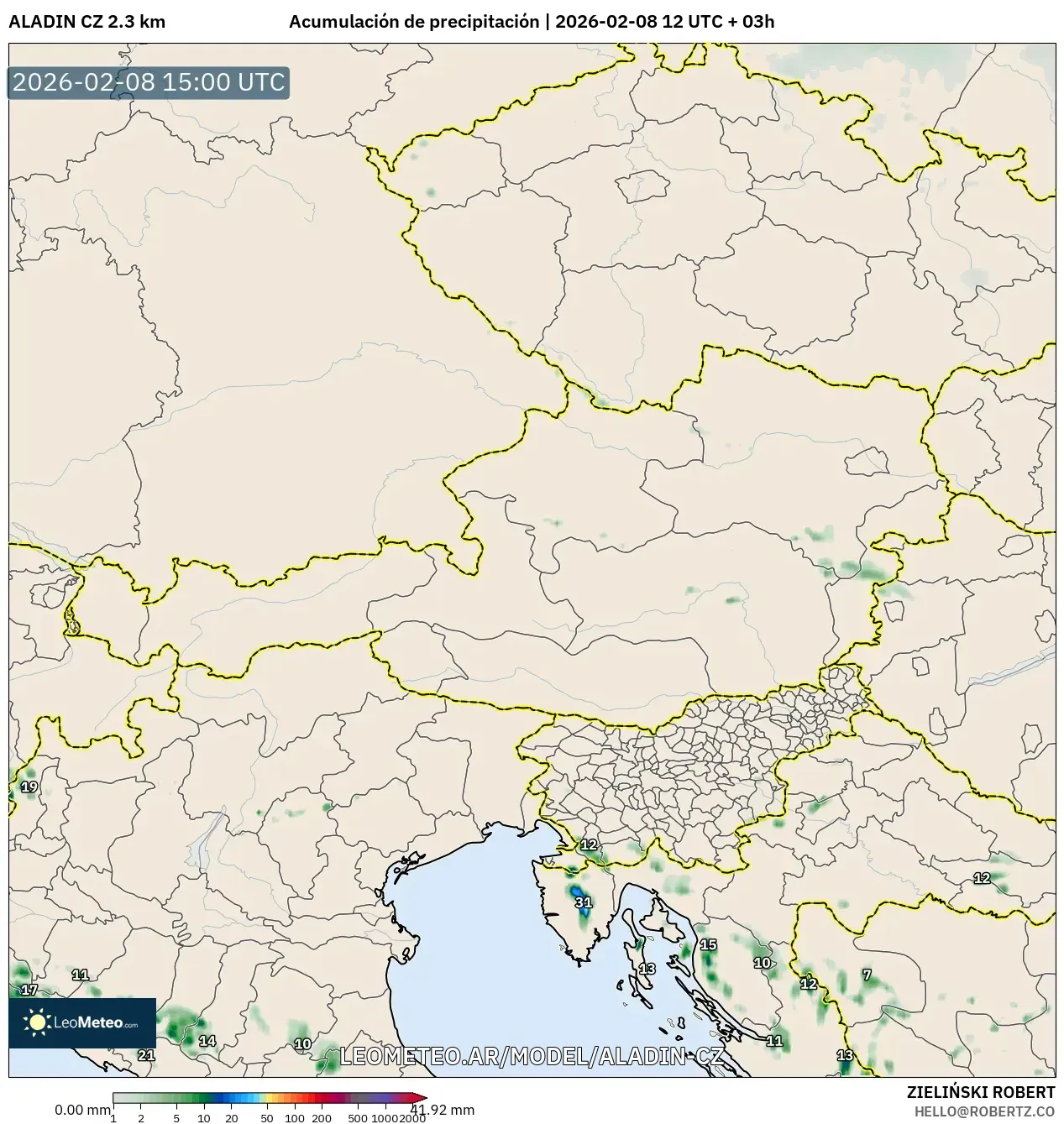 ALADIN CZ 2.3 km model - Austria, Acumulación de precipitación