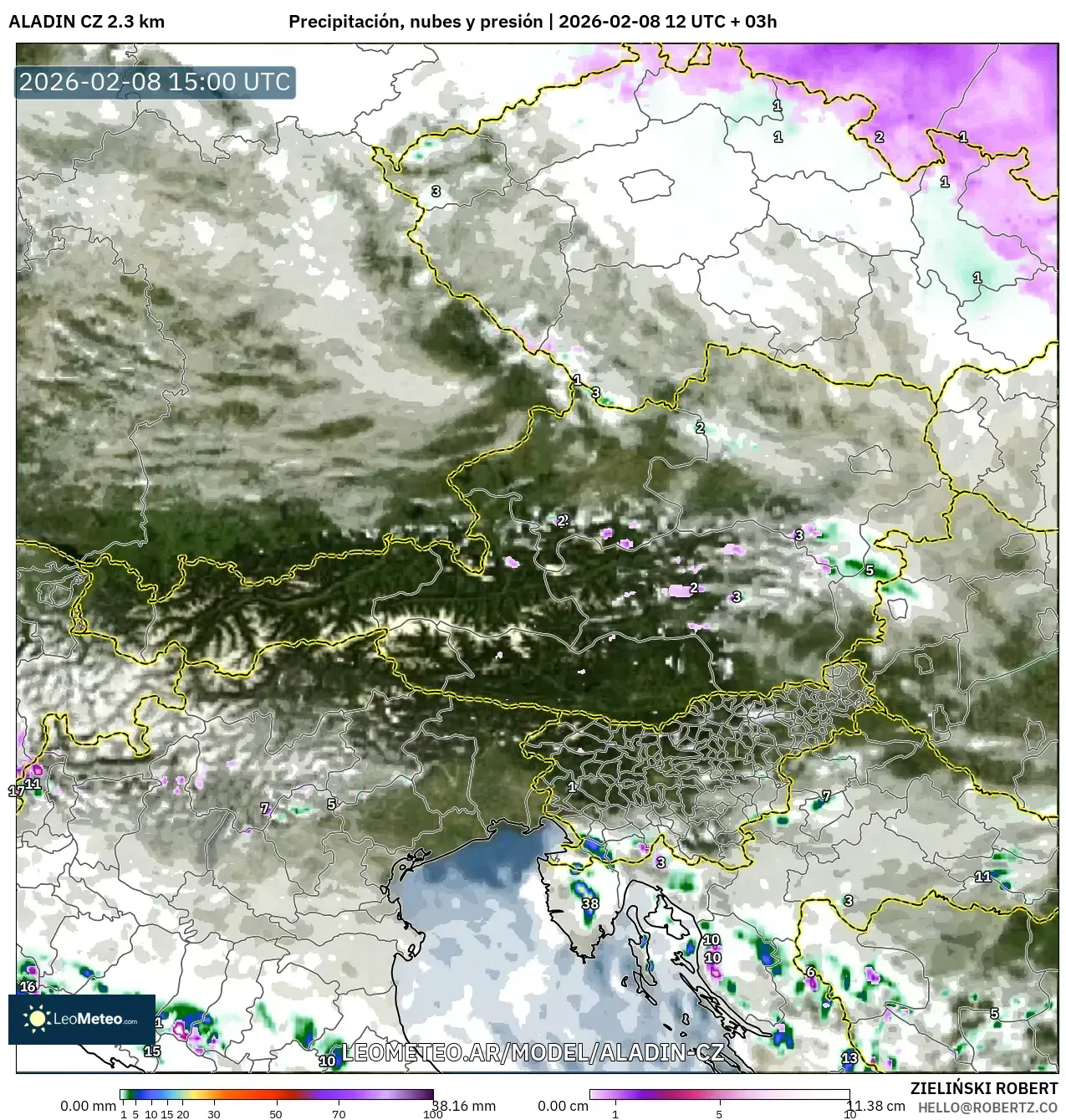 ALADIN CZ 2.3 km model - Austria, Precipitación, nubes y presión