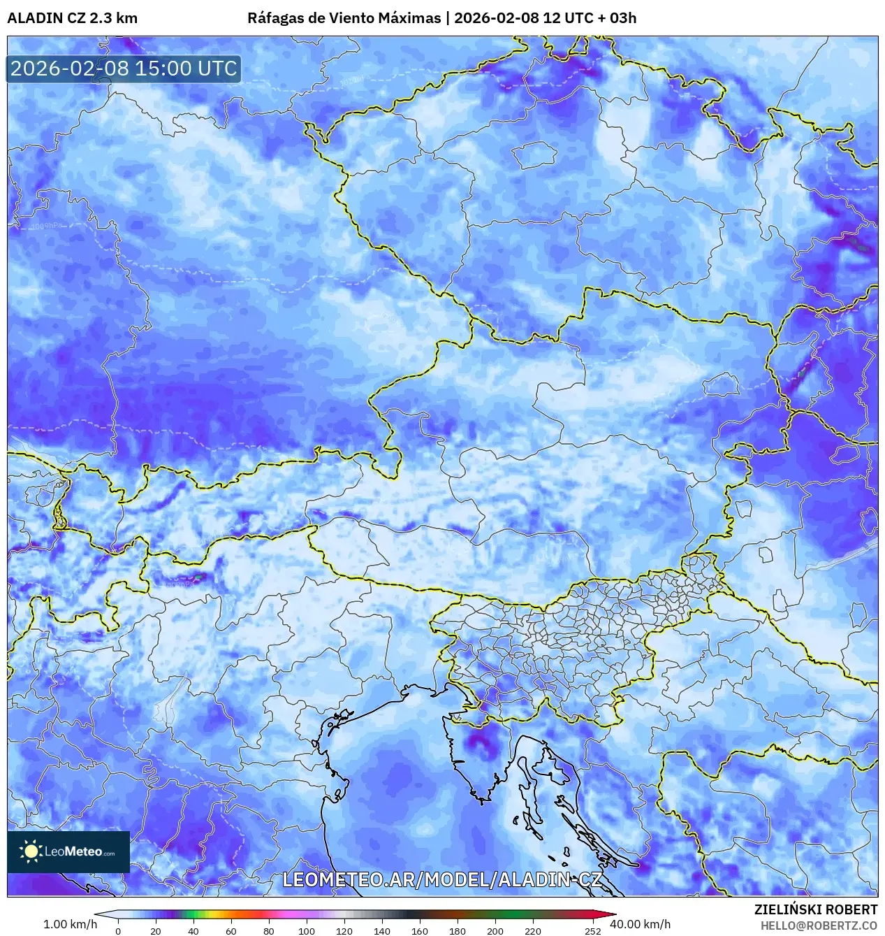 ALADIN CZ 2.3 km model - Austria, Ráfagas de Viento Máximas