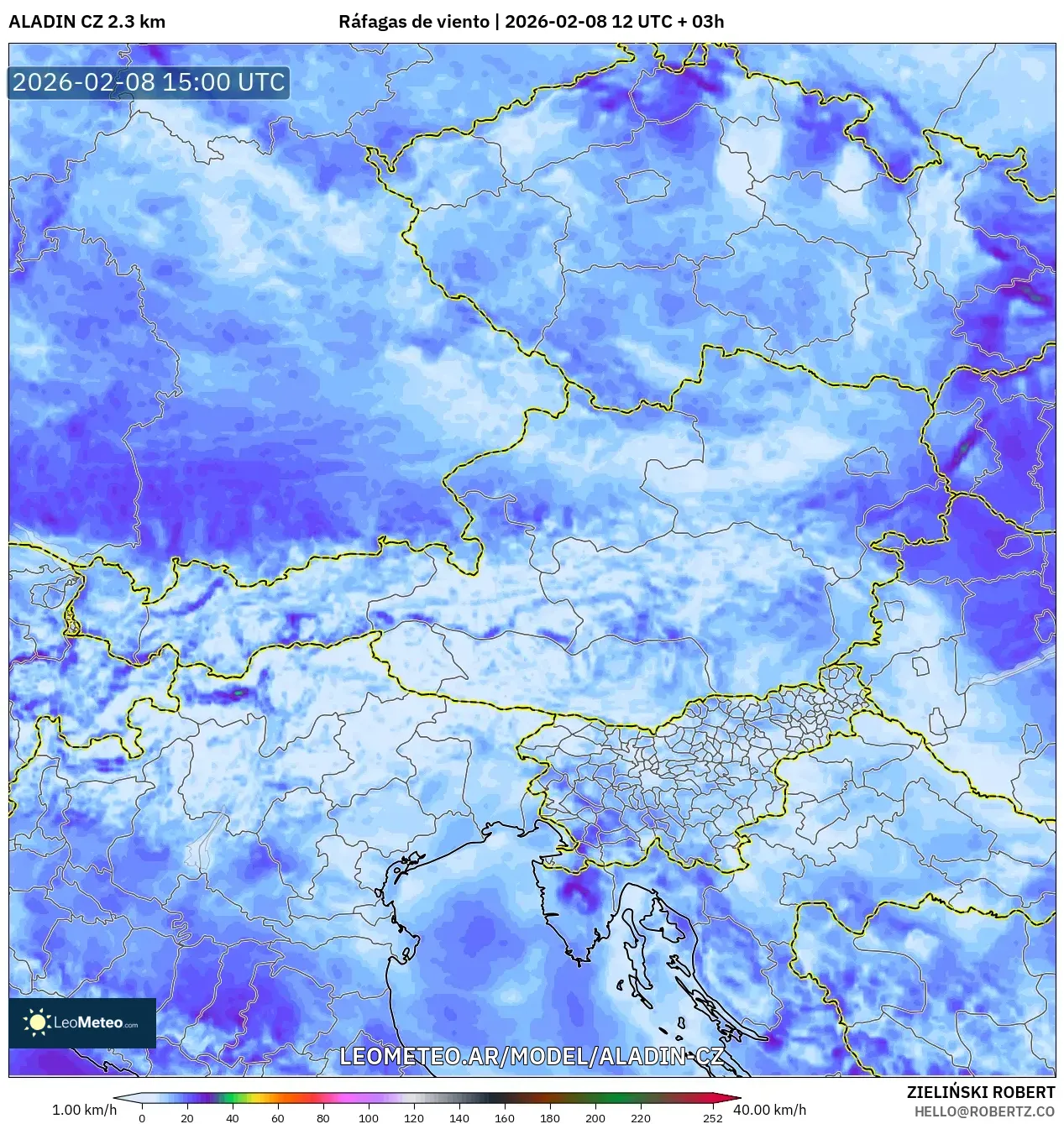 ALADIN CZ 2.3 km model - Austria, Ráfagas de viento