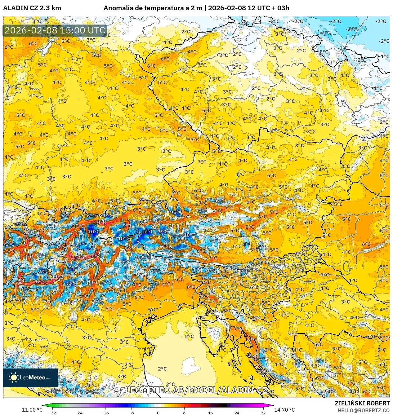 ALADIN CZ 2.3 km model - Austria, Anomalía de temperatura a 2 m