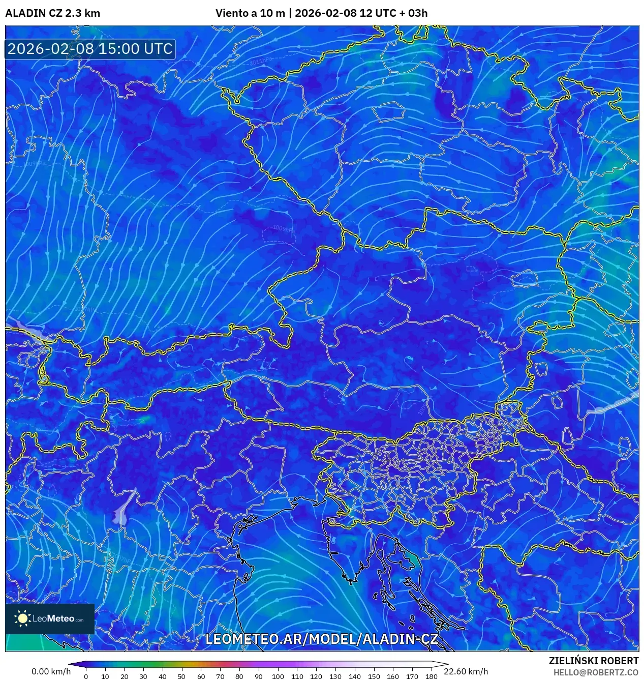 ALADIN CZ 2.3 km model - Austria, Viento a 10 m