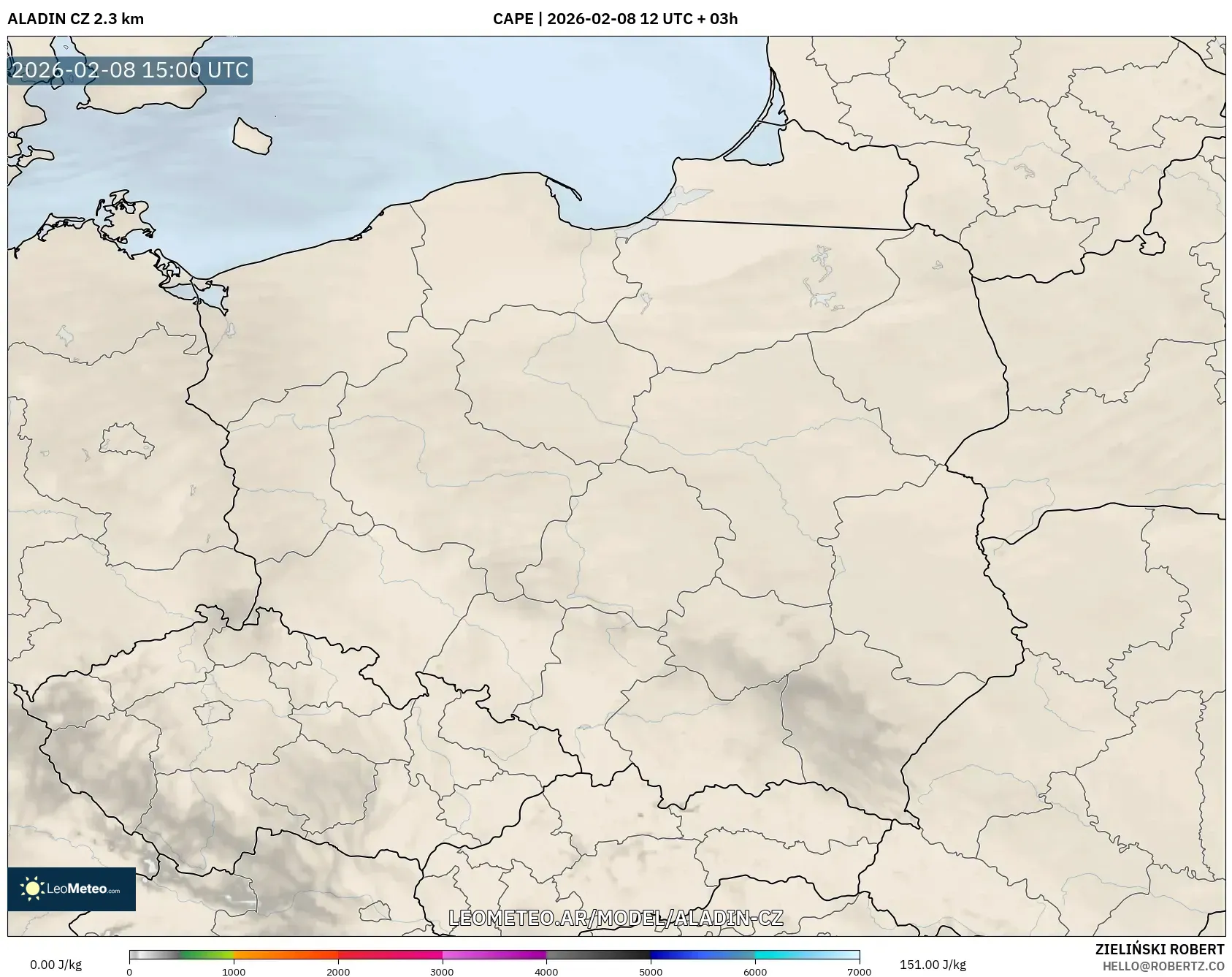 ALADIN CZ 2.3 km model - Polonia, CAPE