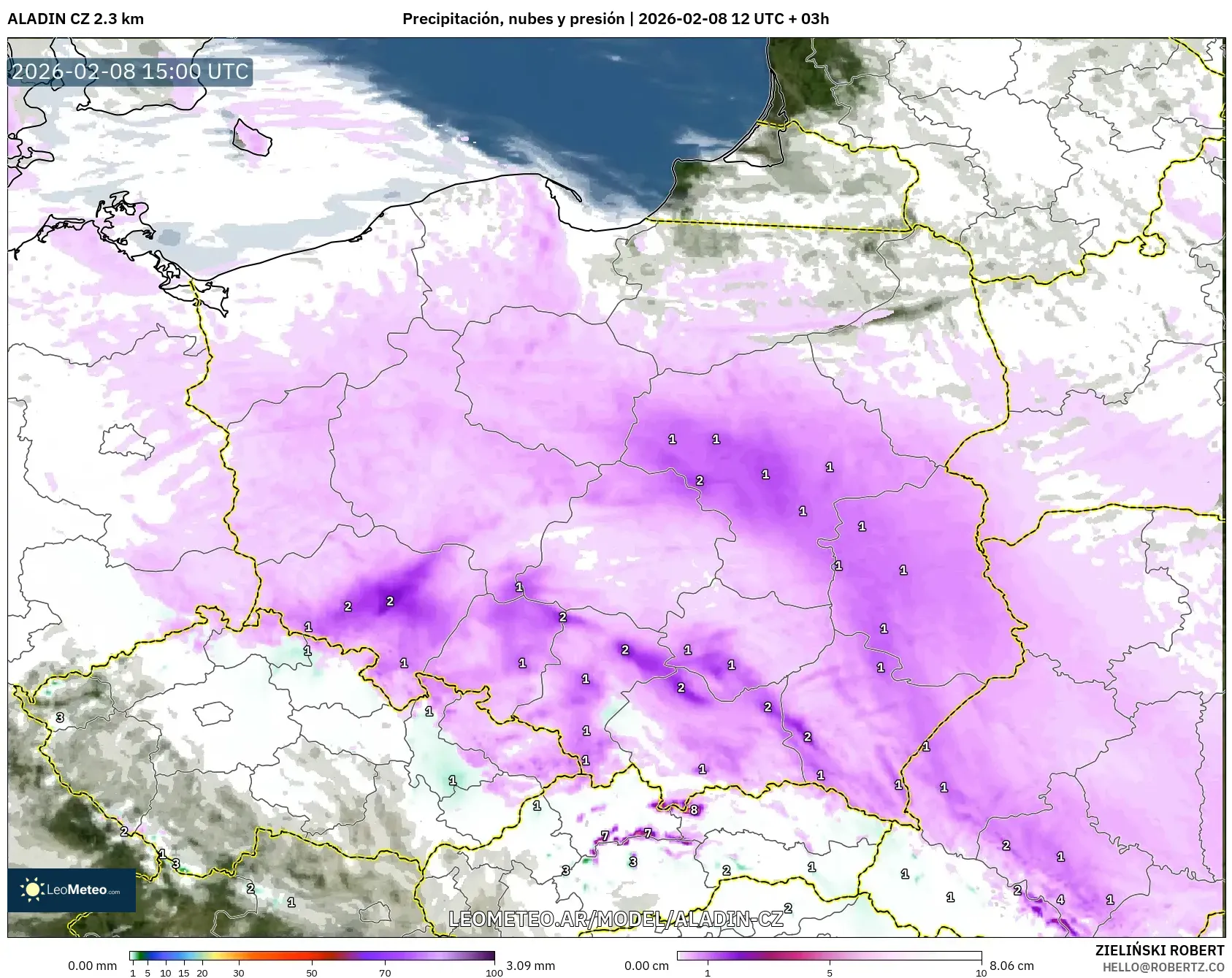 ALADIN CZ 2.3 km model - Polonia, Precipitación, nubes y presión