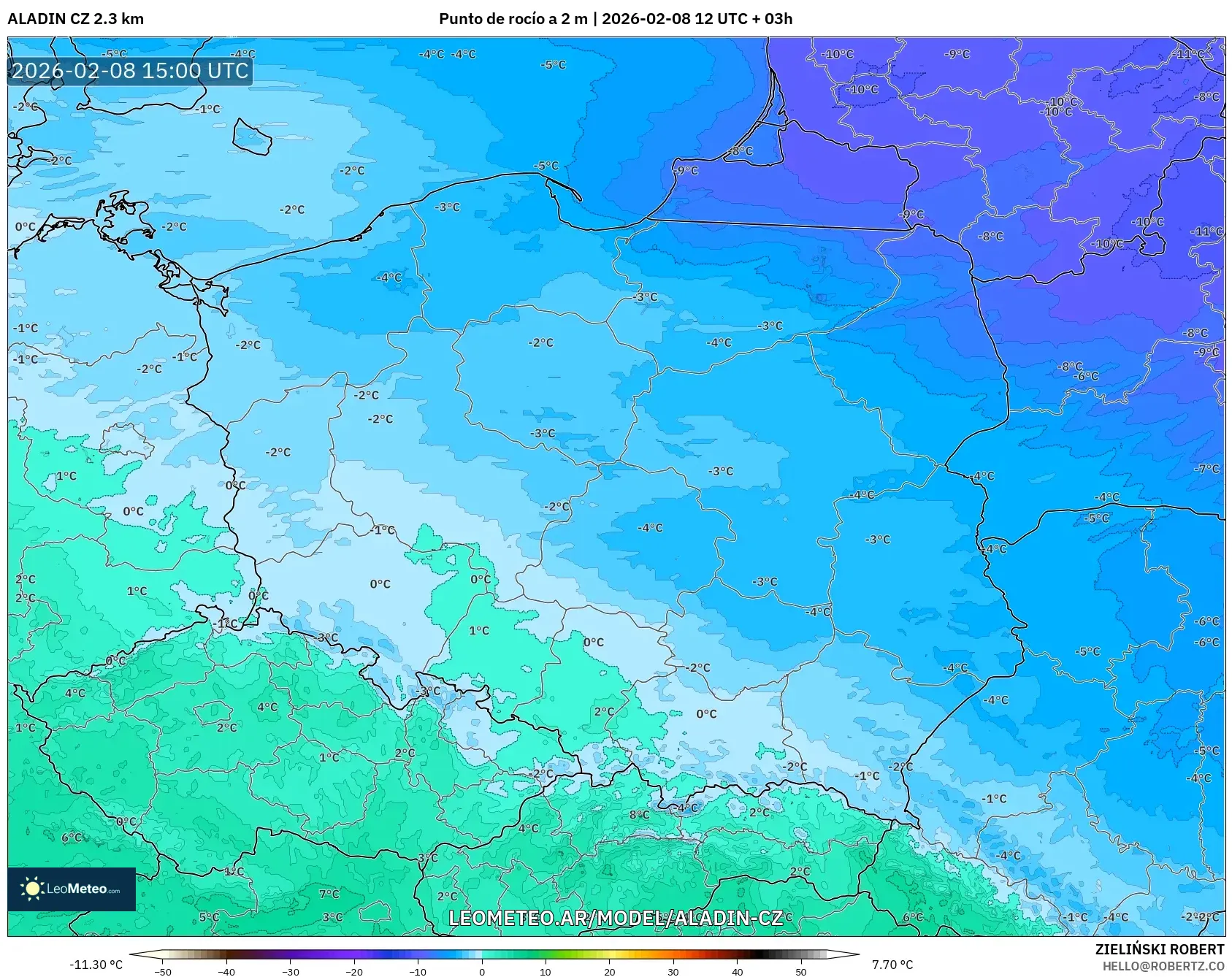 ALADIN CZ 2.3 km model - Polonia, Punto de rocío a 2 m