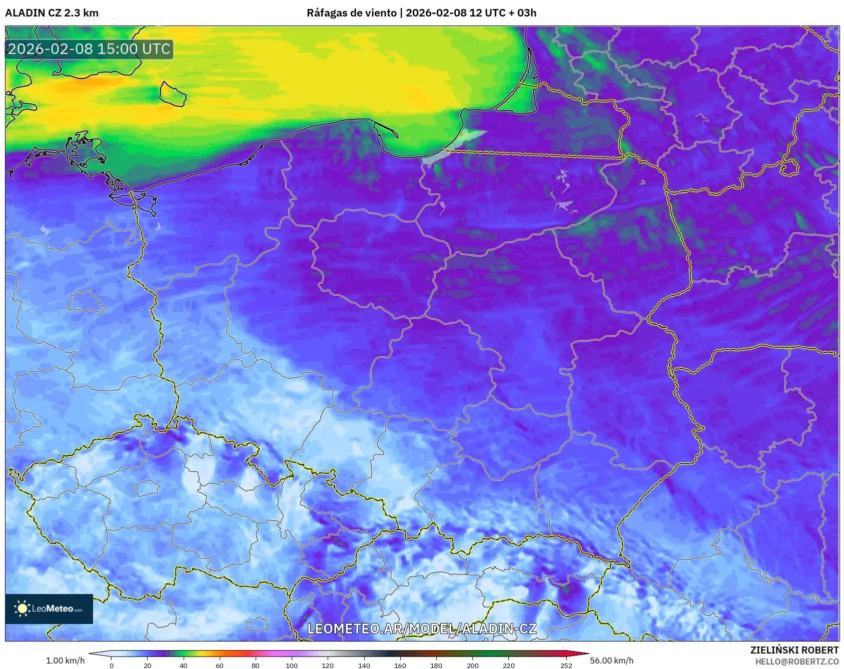 ALADIN CZ 2.3 km model - Polonia, Ráfagas de viento