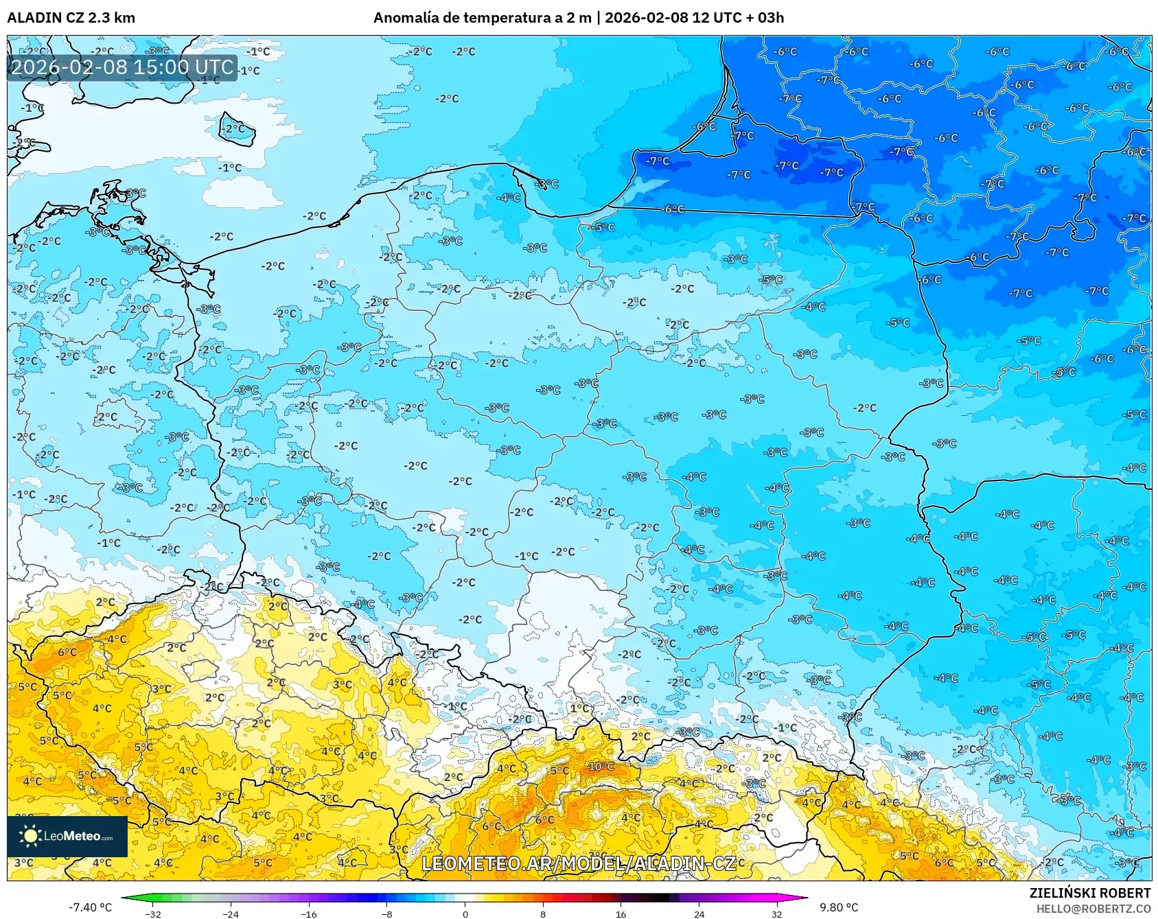 ALADIN CZ 2.3 km model - Polonia, Anomalía de temperatura a 2 m