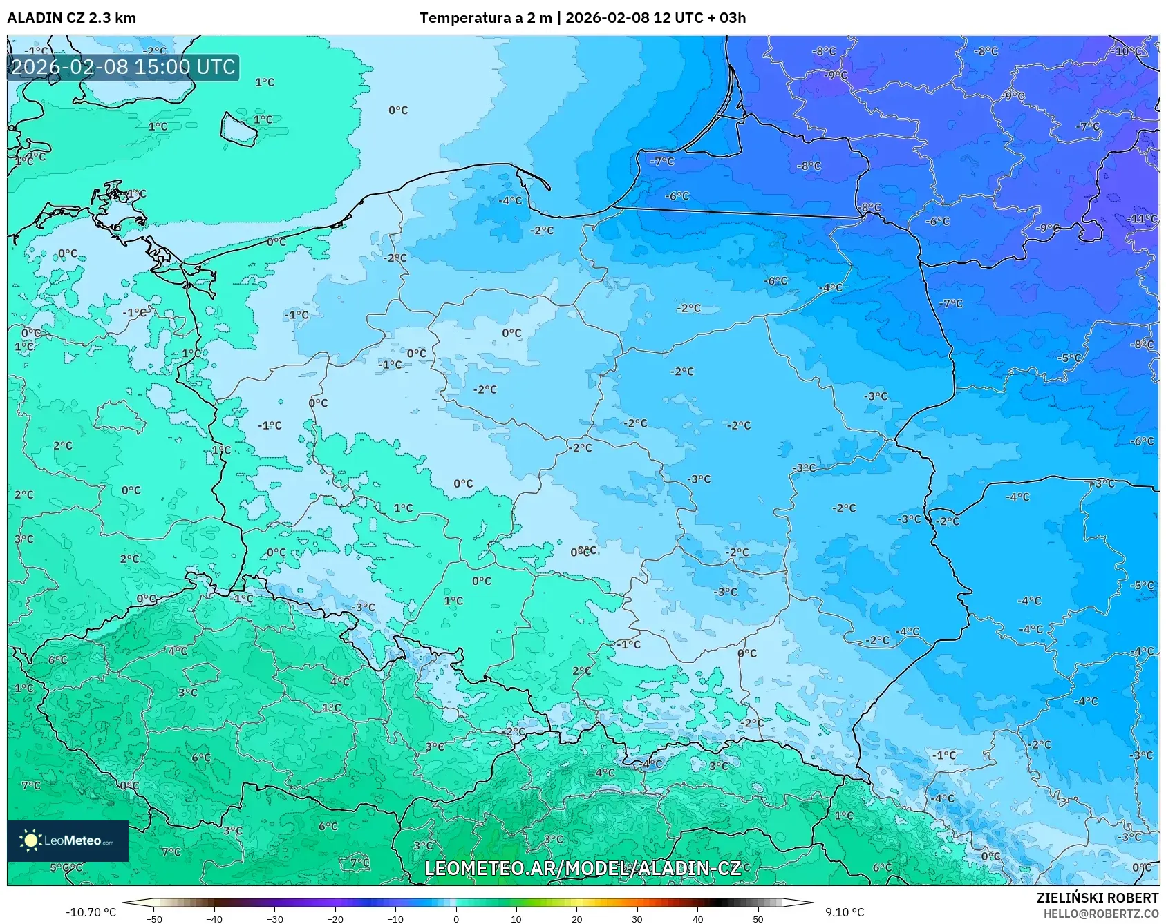 ALADIN CZ 2.3 km model - Polonia, Temperatura a 2 m