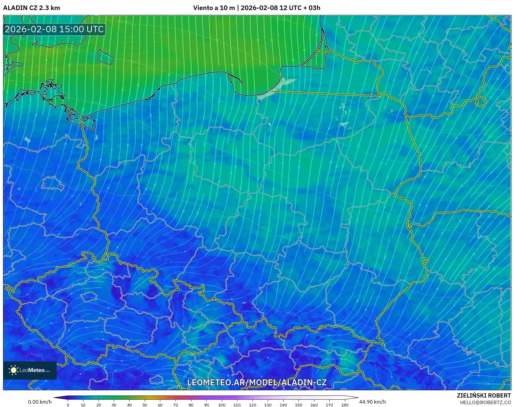 ALADIN CZ 2.3 km model - Polonia, Viento a 10 m