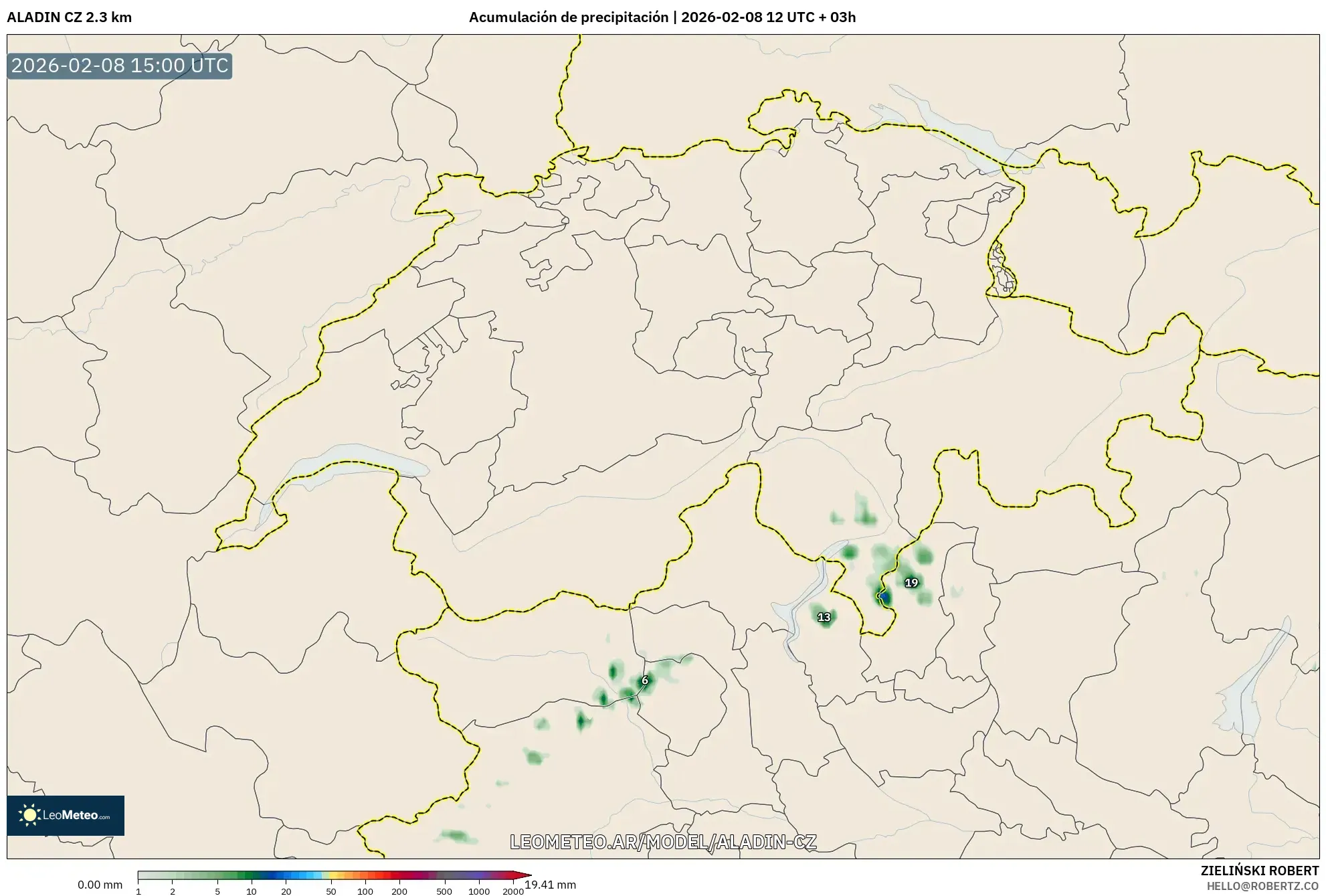 ALADIN CZ 2.3 km model - Suiza, Acumulación de precipitación