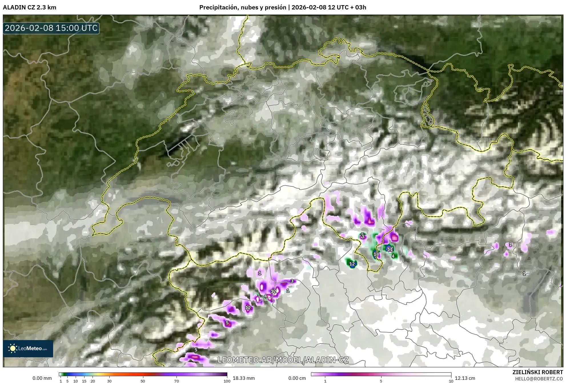 ALADIN CZ 2.3 km model - Suiza, Precipitación, nubes y presión