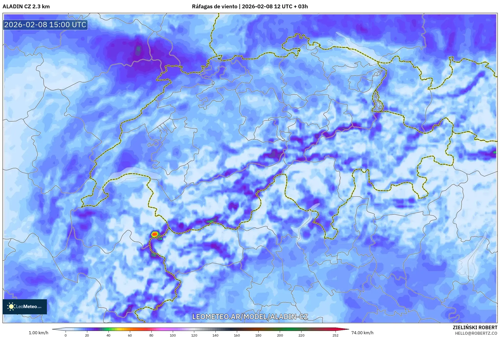 ALADIN CZ 2.3 km model - Suiza, Ráfagas de viento