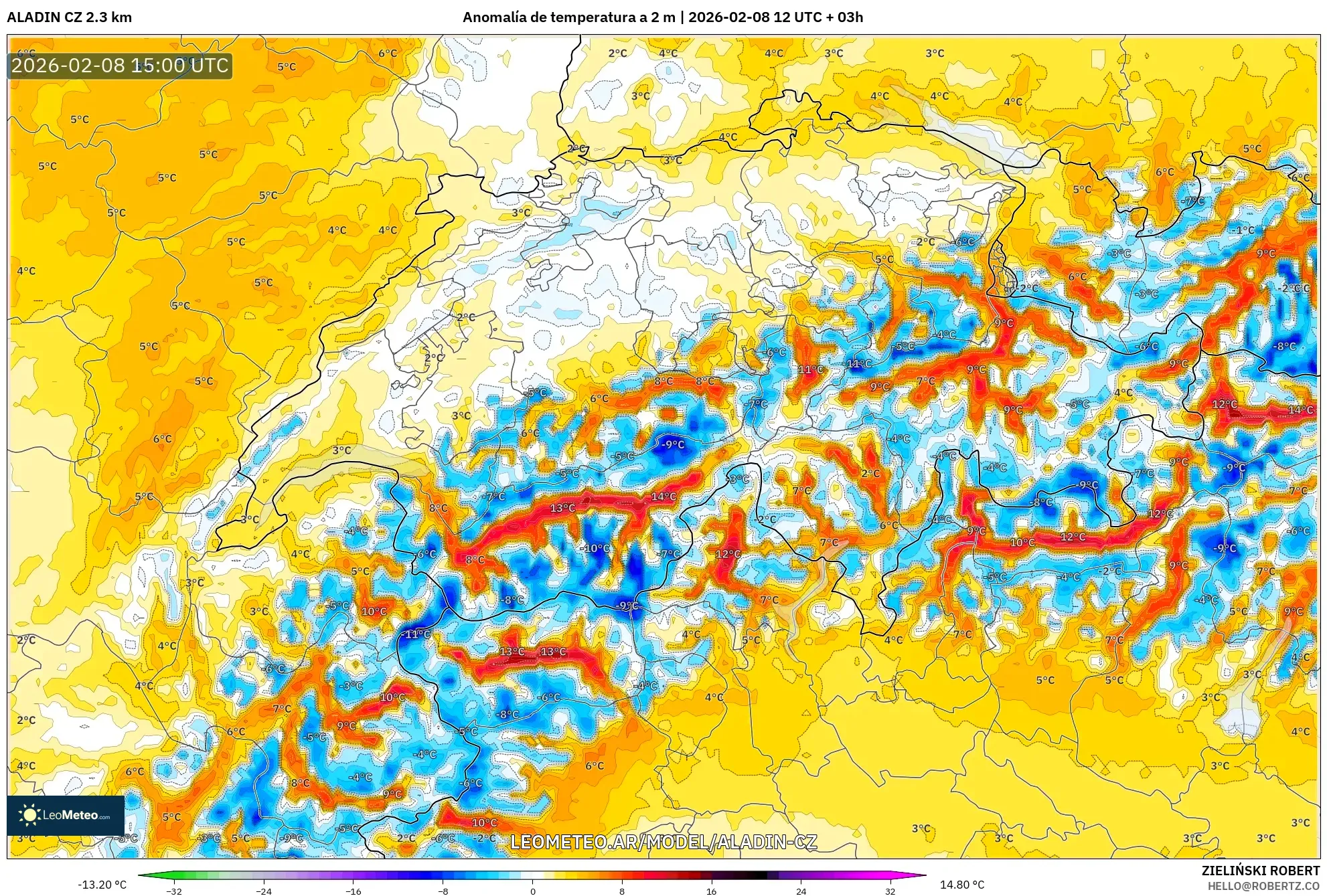 ALADIN CZ 2.3 km model - Suiza, Anomalía de temperatura a 2 m