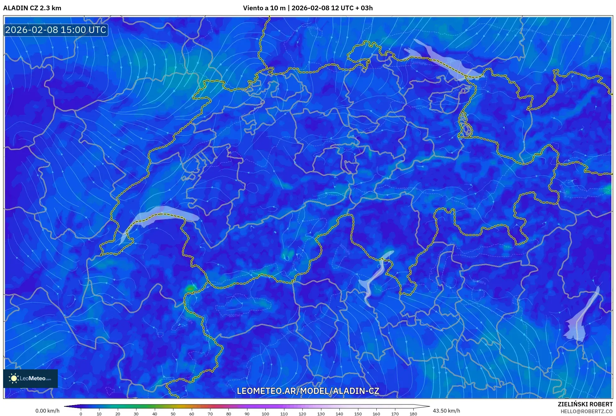 ALADIN CZ 2.3 km model - Suiza, Viento a 10 m