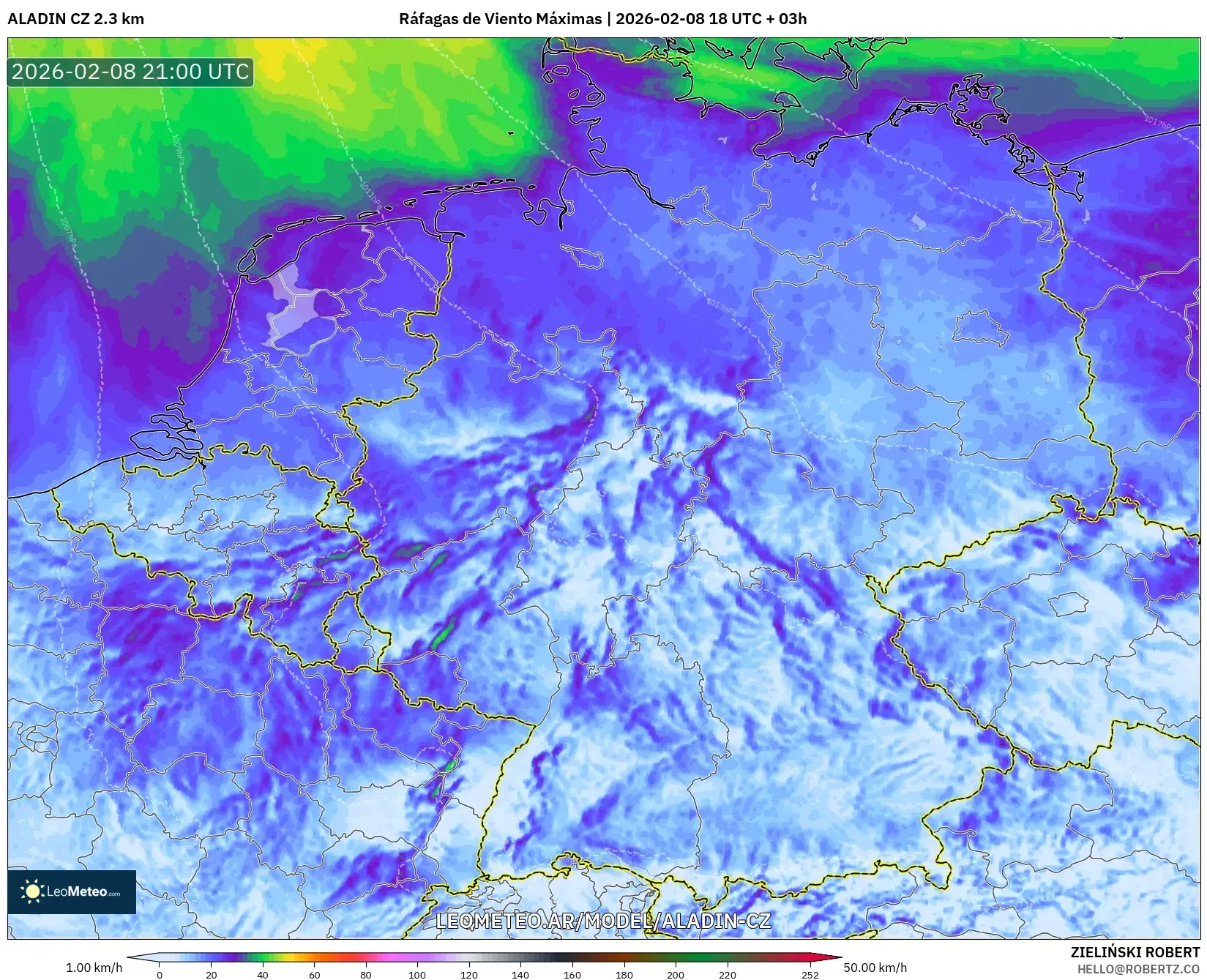 ALADIN CZ 2.3 km model - Alemania, Ráfagas de Viento Máximas