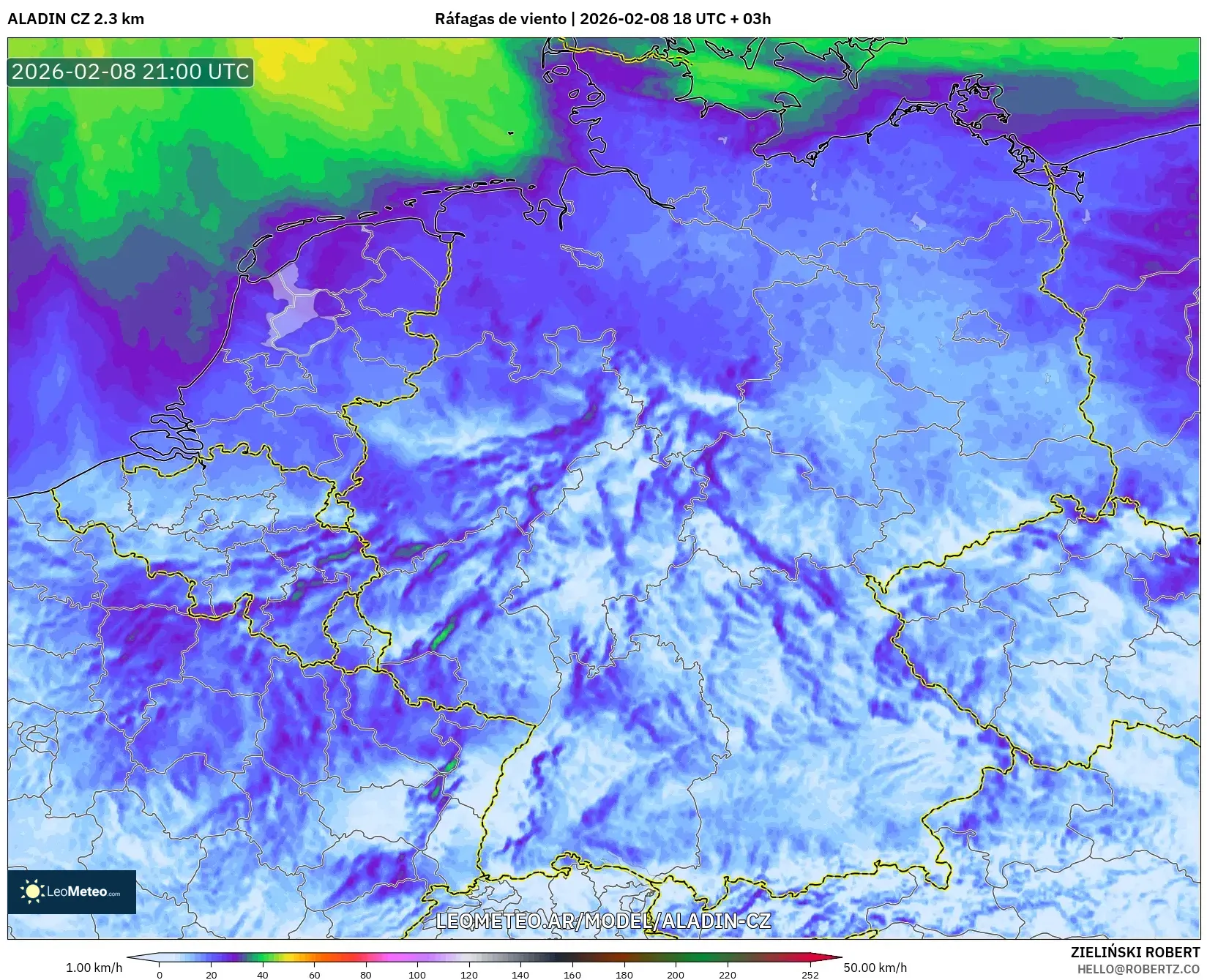 ALADIN CZ 2.3 km model - Alemania, Ráfagas de viento