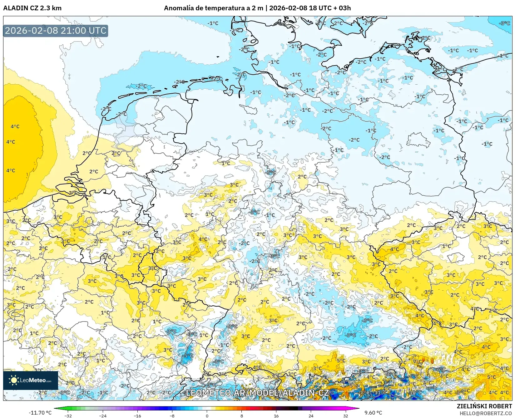 ALADIN CZ 2.3 km model - Alemania, Anomalía de temperatura a 2 m