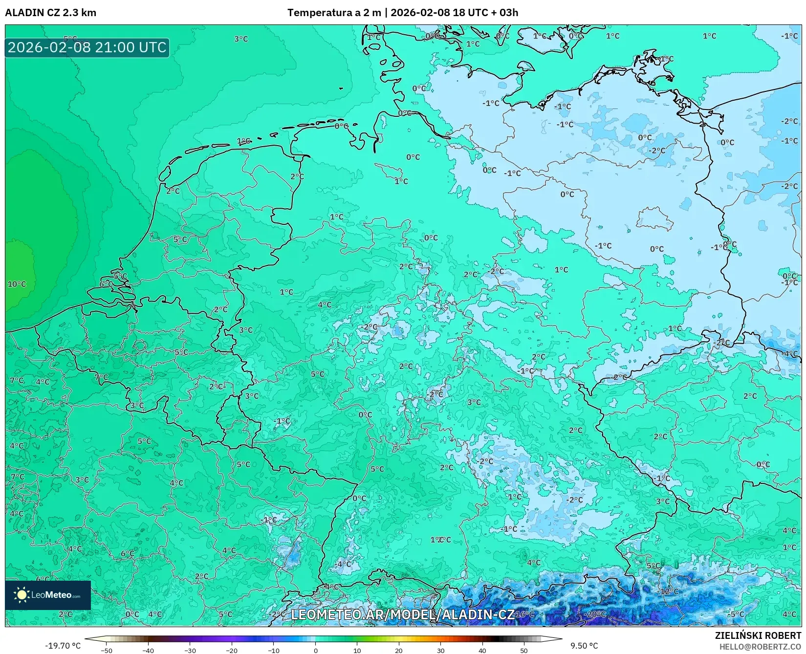 ALADIN CZ 2.3 km model - Alemania, Temperatura a 2 m