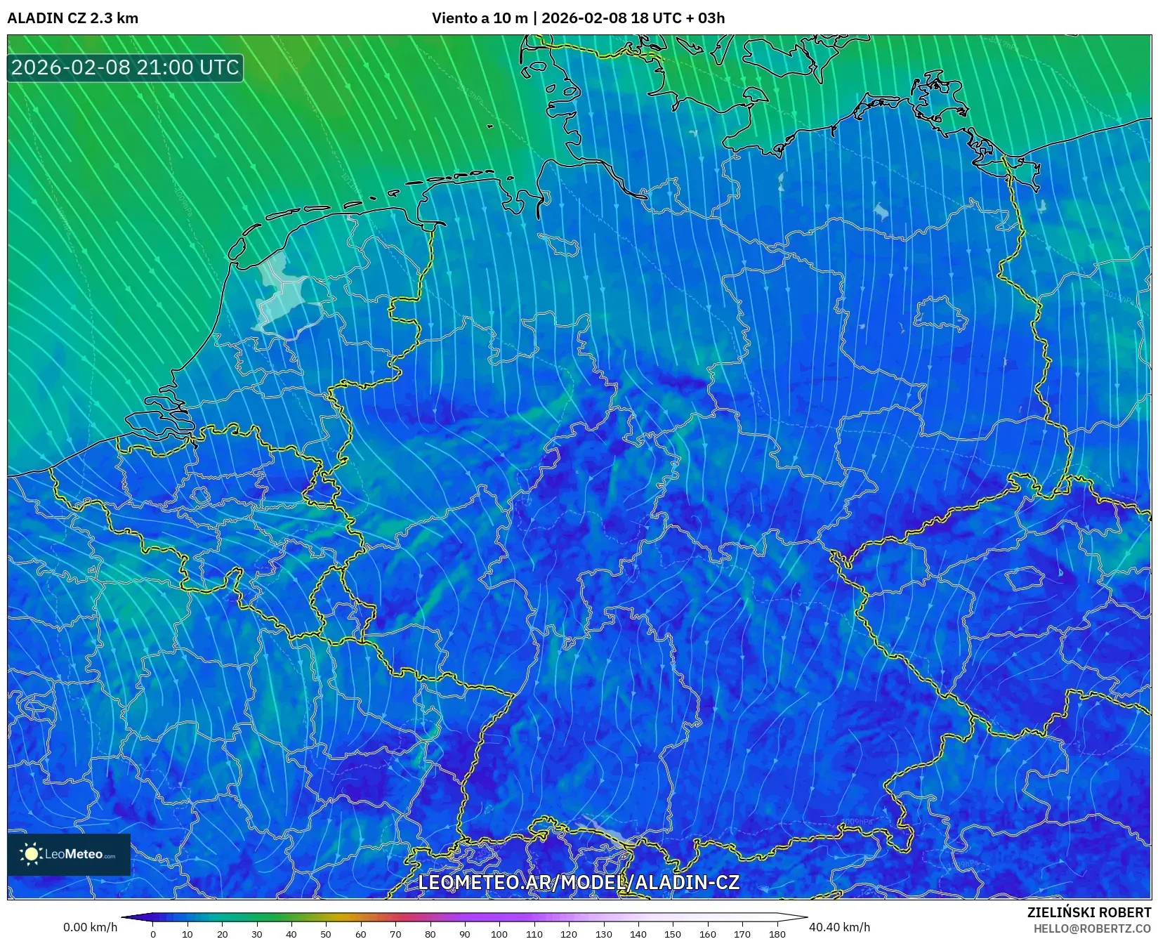 ALADIN CZ 2.3 km model - Alemania, Viento a 10 m