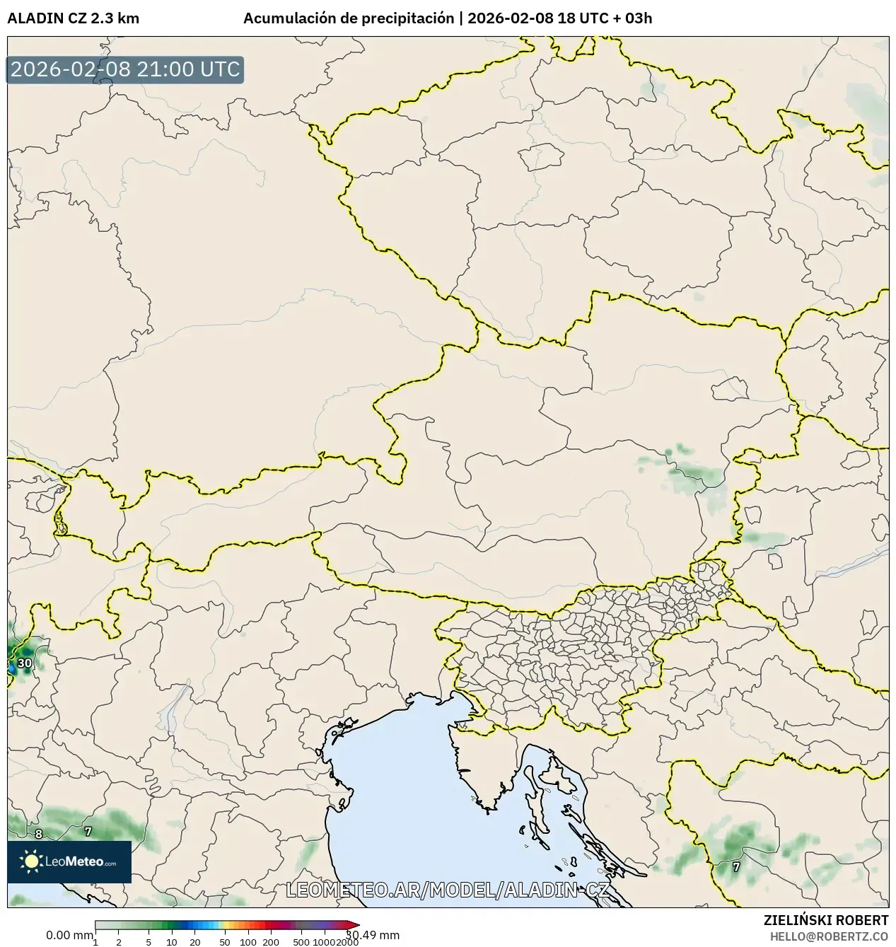 ALADIN CZ 2.3 km model - Austria, Acumulación de precipitación