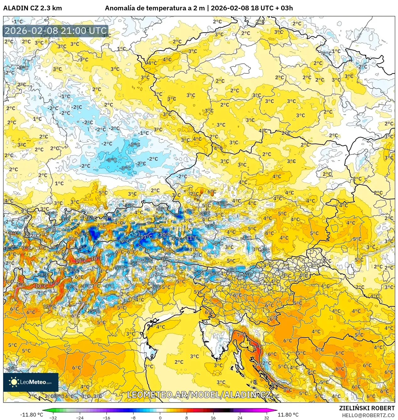 ALADIN CZ 2.3 km model - Austria, Anomalía de temperatura a 2 m