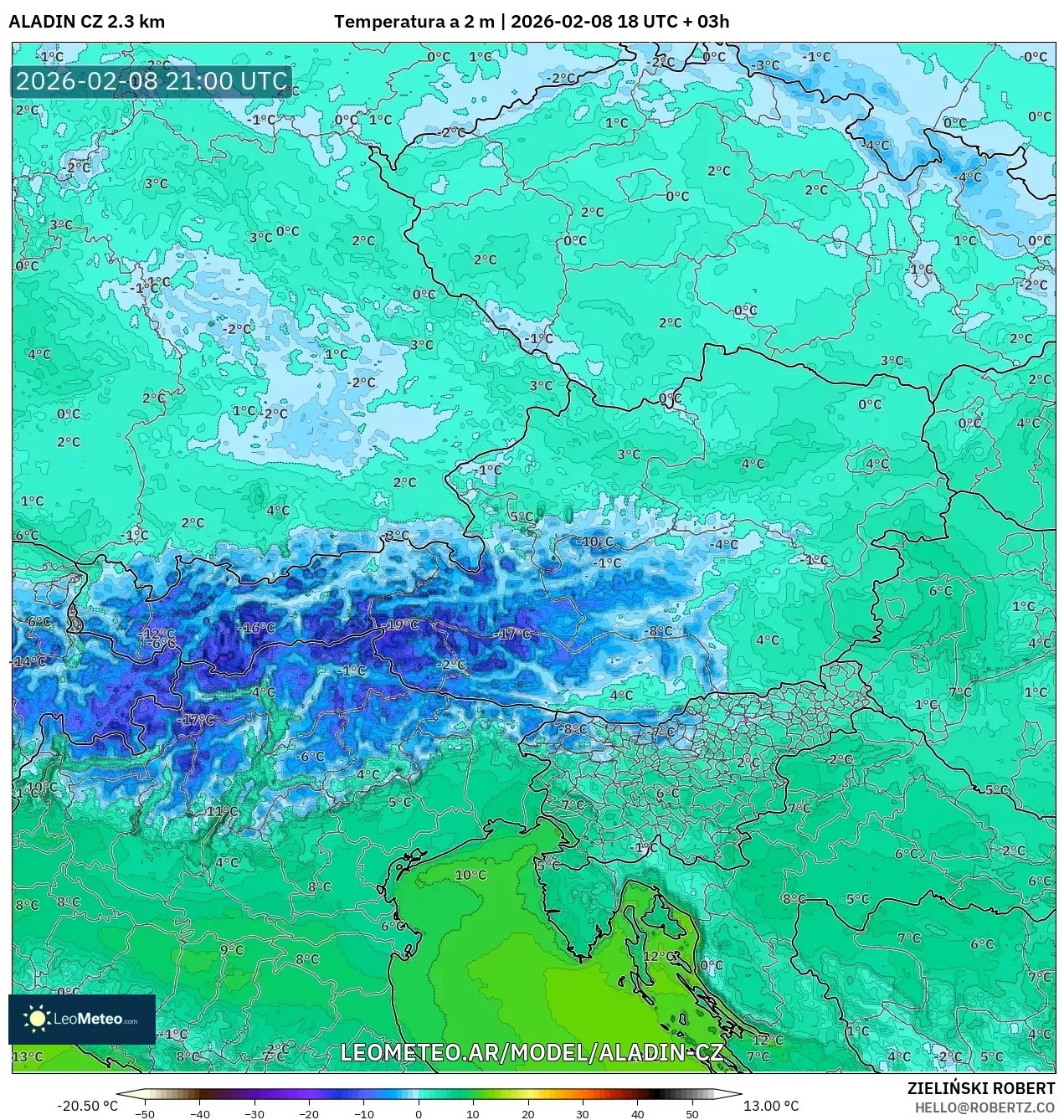 ALADIN CZ 2.3 km model - Austria, Temperatura a 2 m