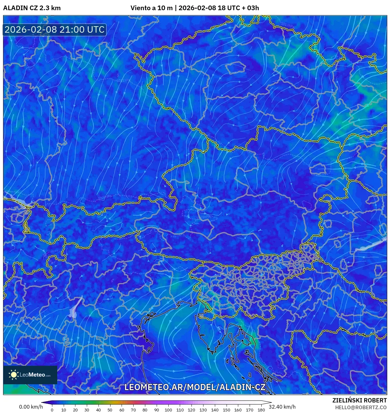 ALADIN CZ 2.3 km model - Austria, Viento a 10 m