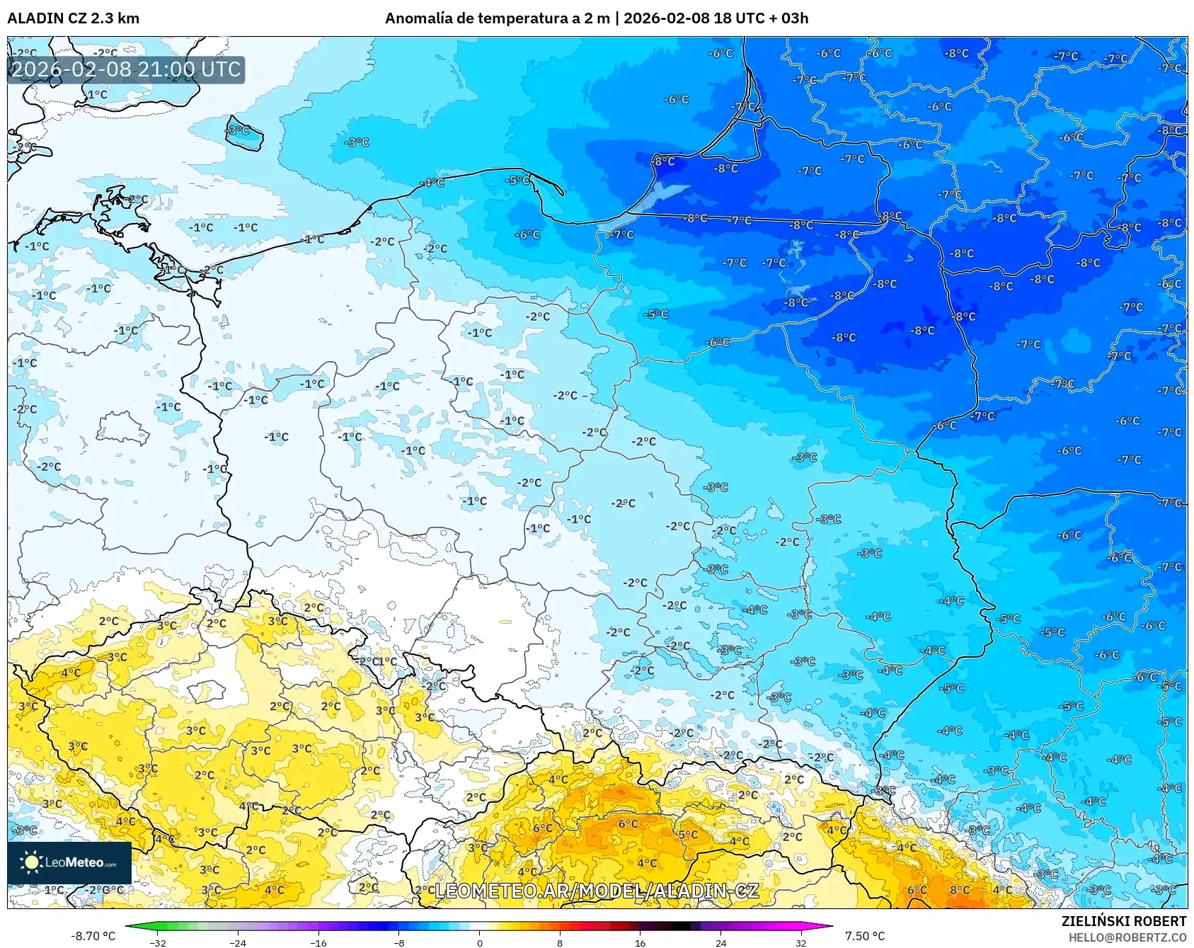 ALADIN CZ 2.3 km model - Polonia, Anomalía de temperatura a 2 m