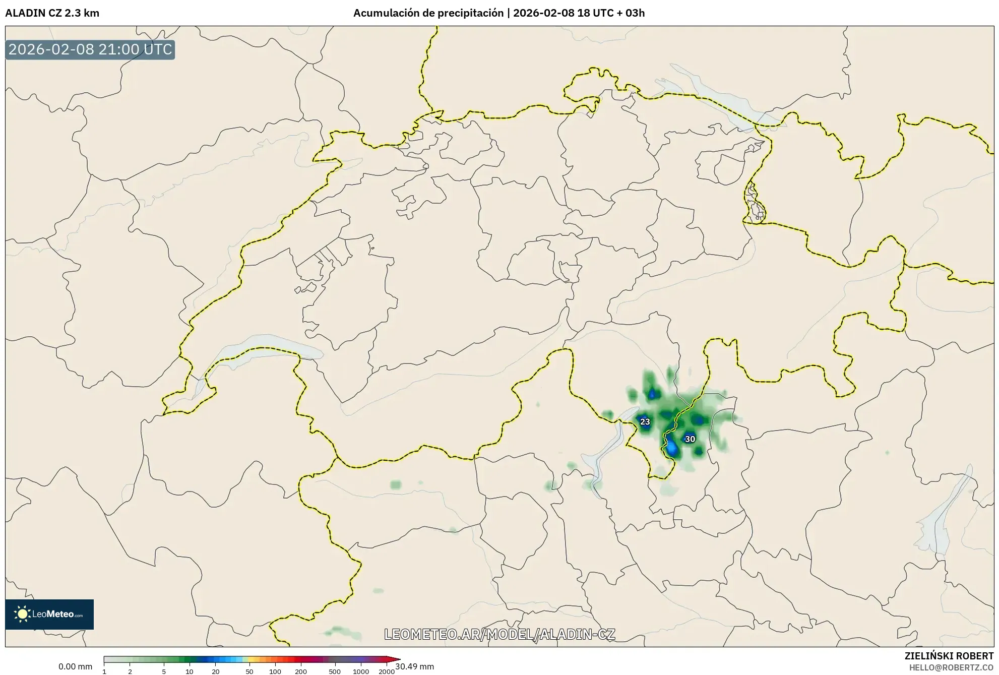 ALADIN CZ 2.3 km model - Suiza, Acumulación de precipitación