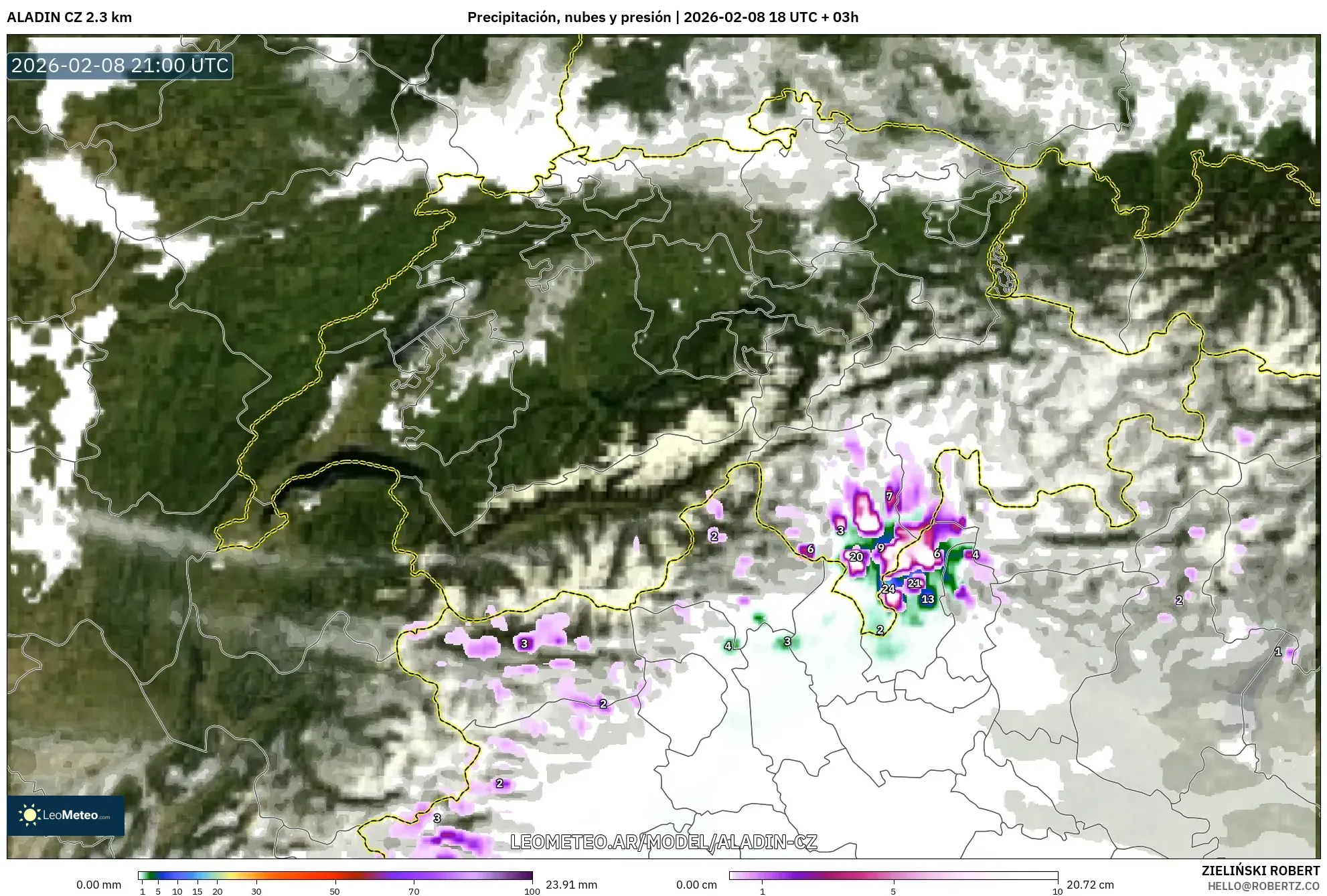 ALADIN CZ 2.3 km model - Suiza, Precipitación, nubes y presión