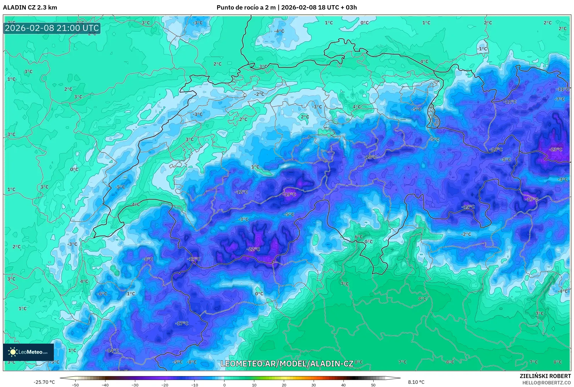 ALADIN CZ 2.3 km model - Suiza, Punto de rocío a 2 m