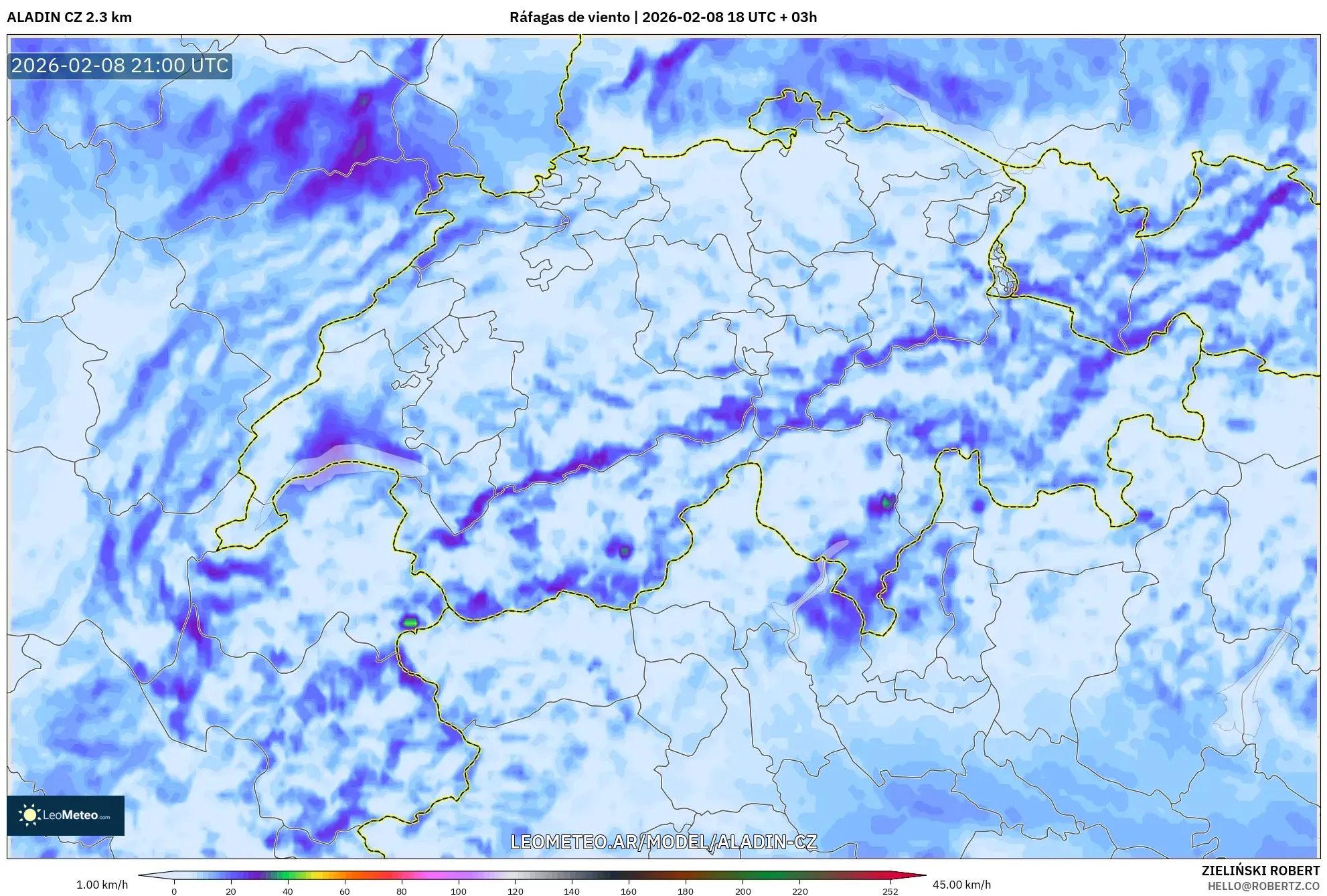 ALADIN CZ 2.3 km model - Suiza, Ráfagas de viento