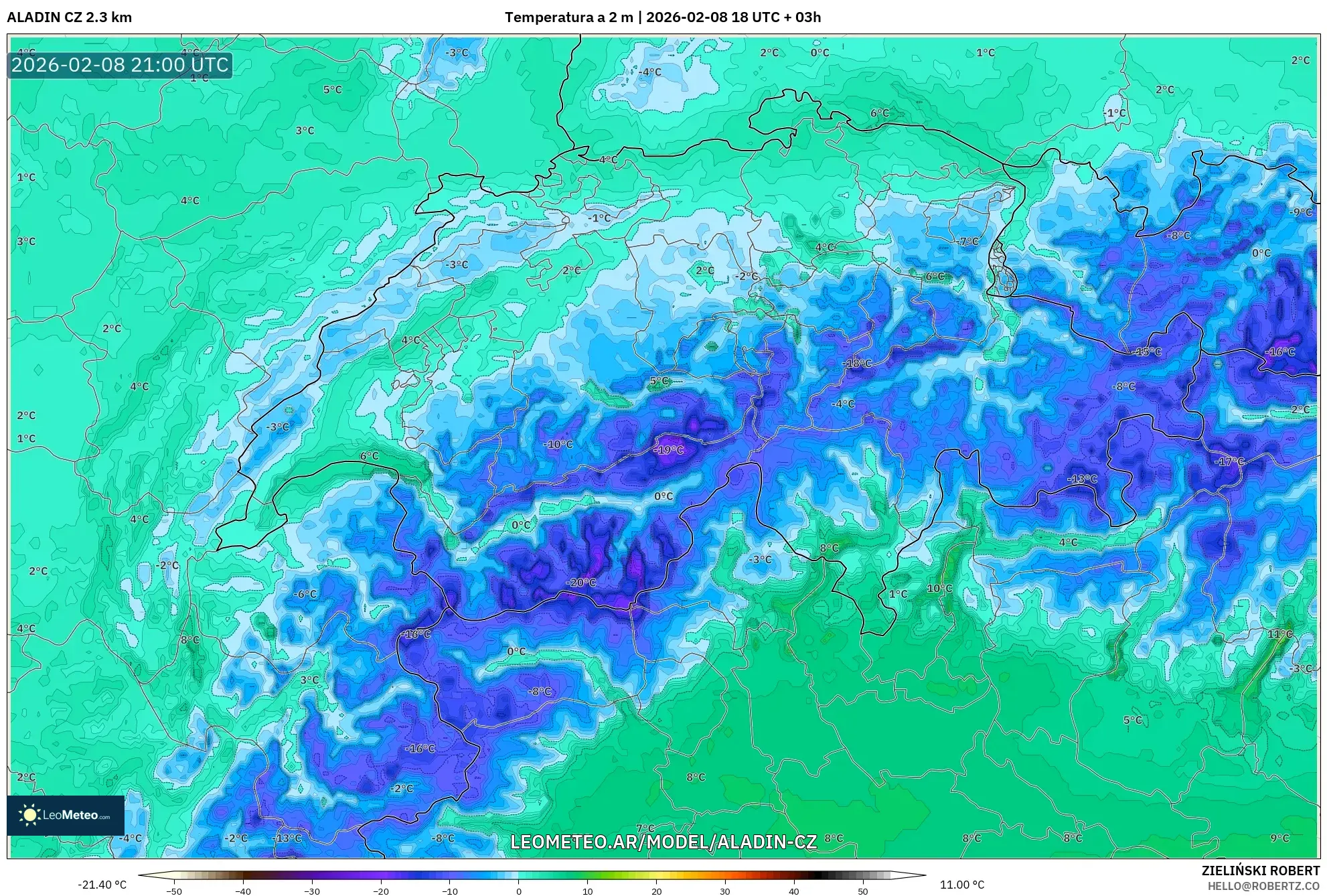 ALADIN CZ 2.3 km model - Suiza, Temperatura a 2 m