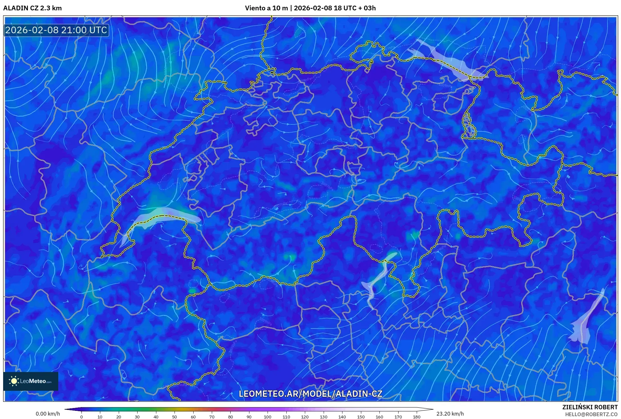 ALADIN CZ 2.3 km model - Suiza, Viento a 10 m