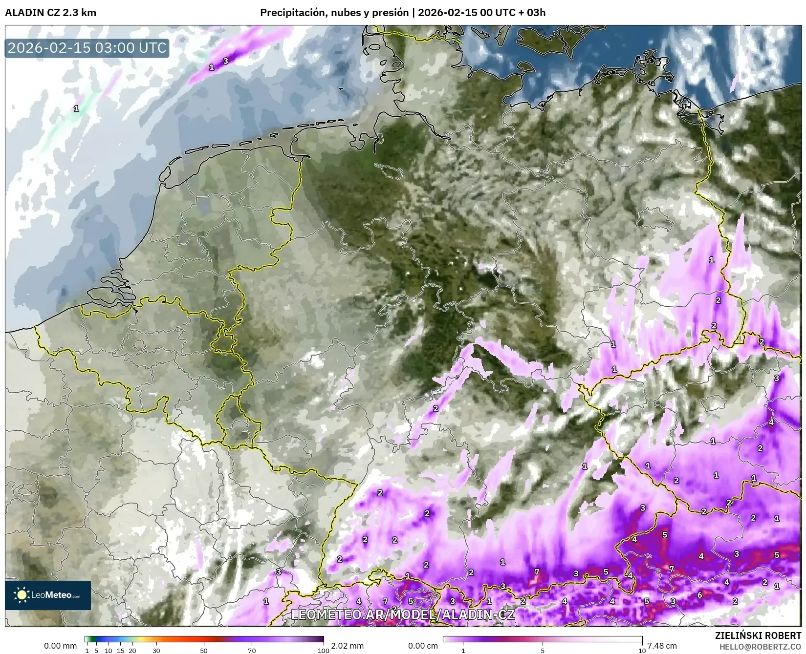 ALADIN CZ 2.3 km model - Alemania, Precipitación, nubes y presión