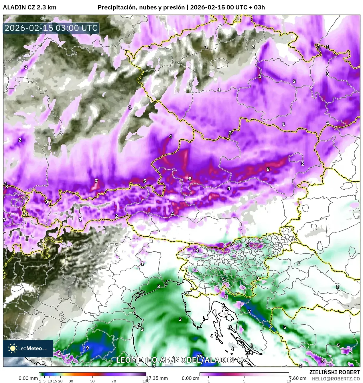 ALADIN CZ 2.3 km model - Austria, Precipitación, nubes y presión