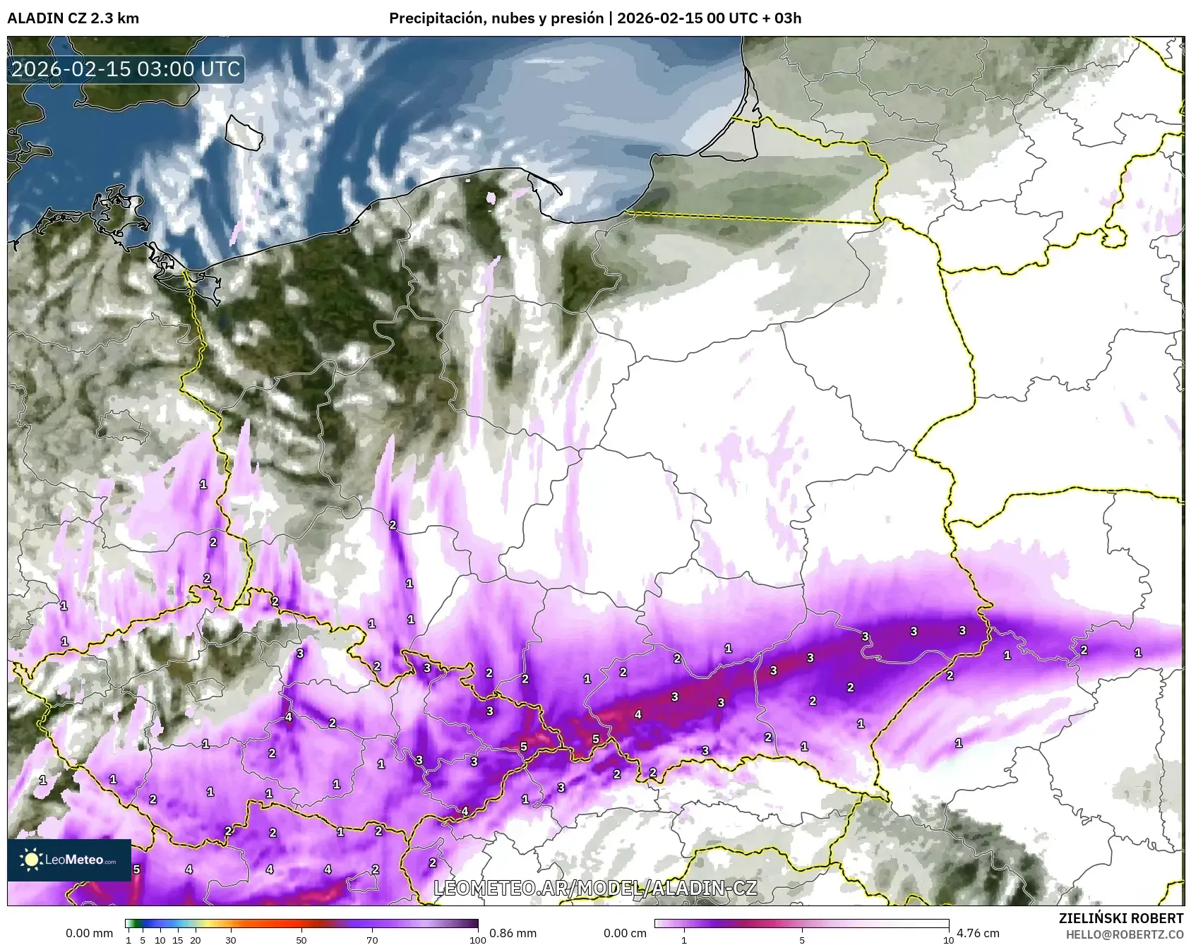 ALADIN CZ 2.3 km model - Polonia, Precipitación, nubes y presión