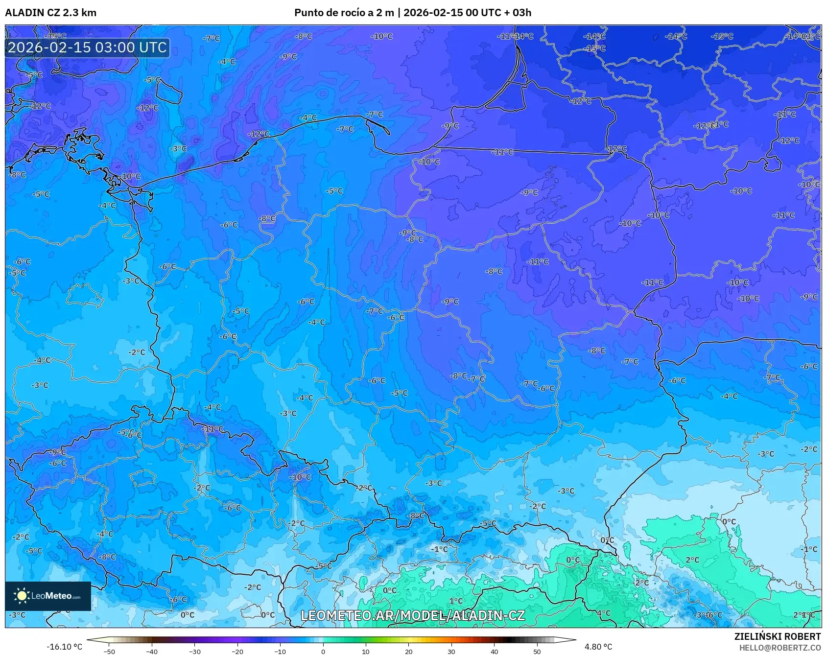 ALADIN CZ 2.3 km model - Polonia, Punto de rocío a 2 m